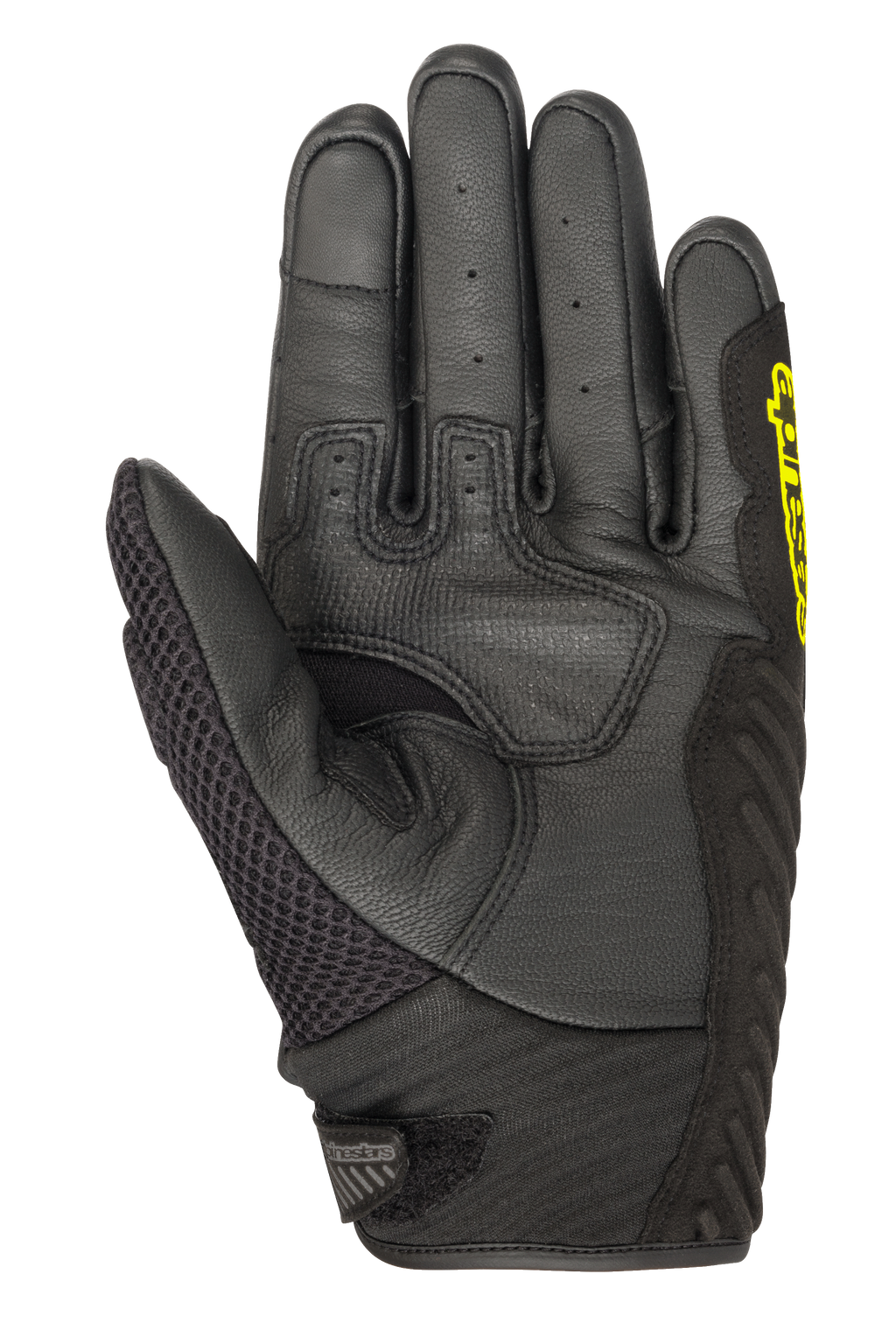 Guanti Alpinestars SMX-1 Air V2, guanti da moto a polsino corto, nero e giallo fluo, vista del palmo con dita in pelle traforata, pannello del pollice in mesh e zona di grip rinforzata, progettati per la guida su strada estiva