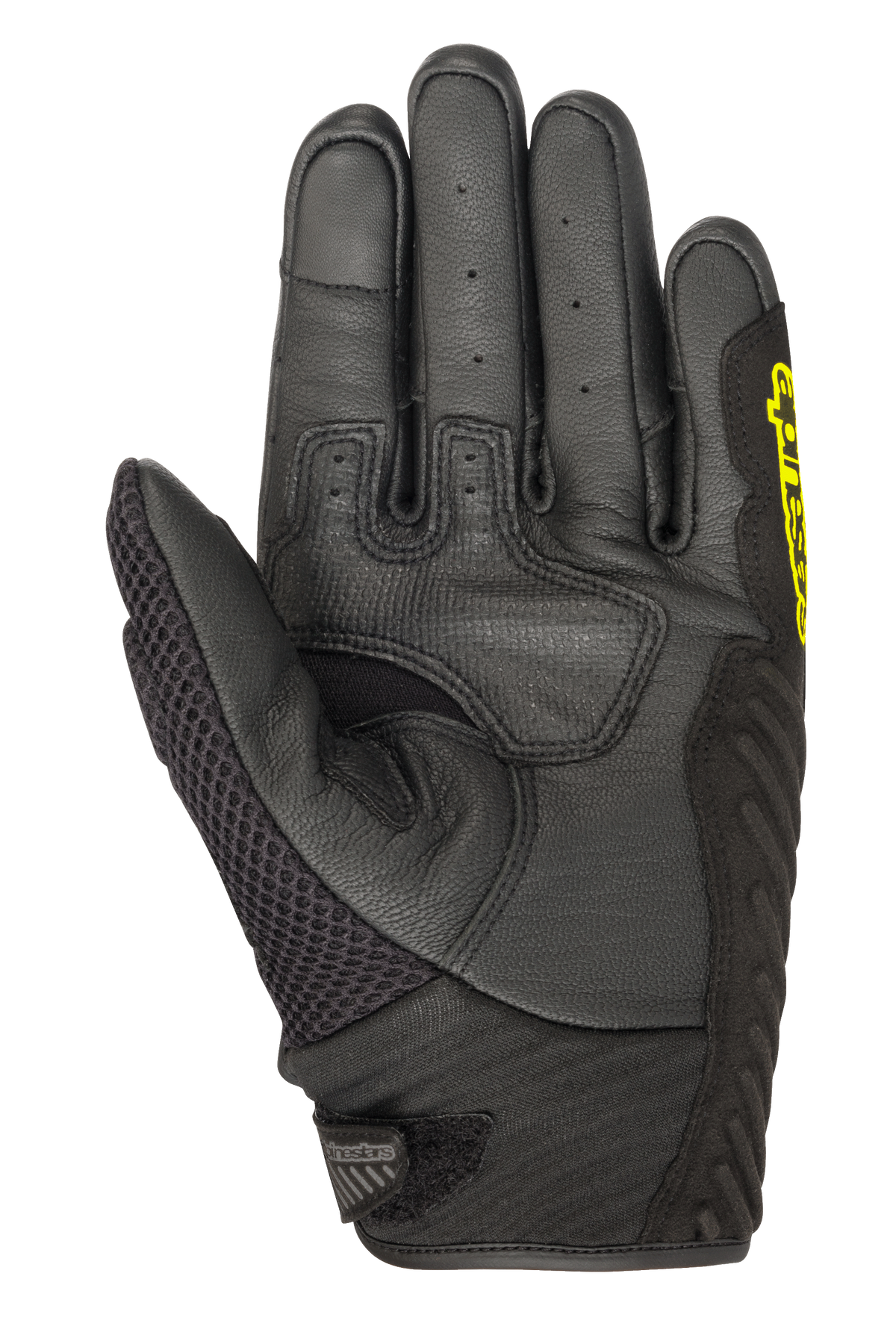 Guanti Alpinestars SMX-1 Air V2, guanti da moto a polsino corto, nero e giallo fluo, vista del palmo con dita in pelle traforata, pannello del pollice in mesh e zona di grip rinforzata, progettati per la guida su strada estiva