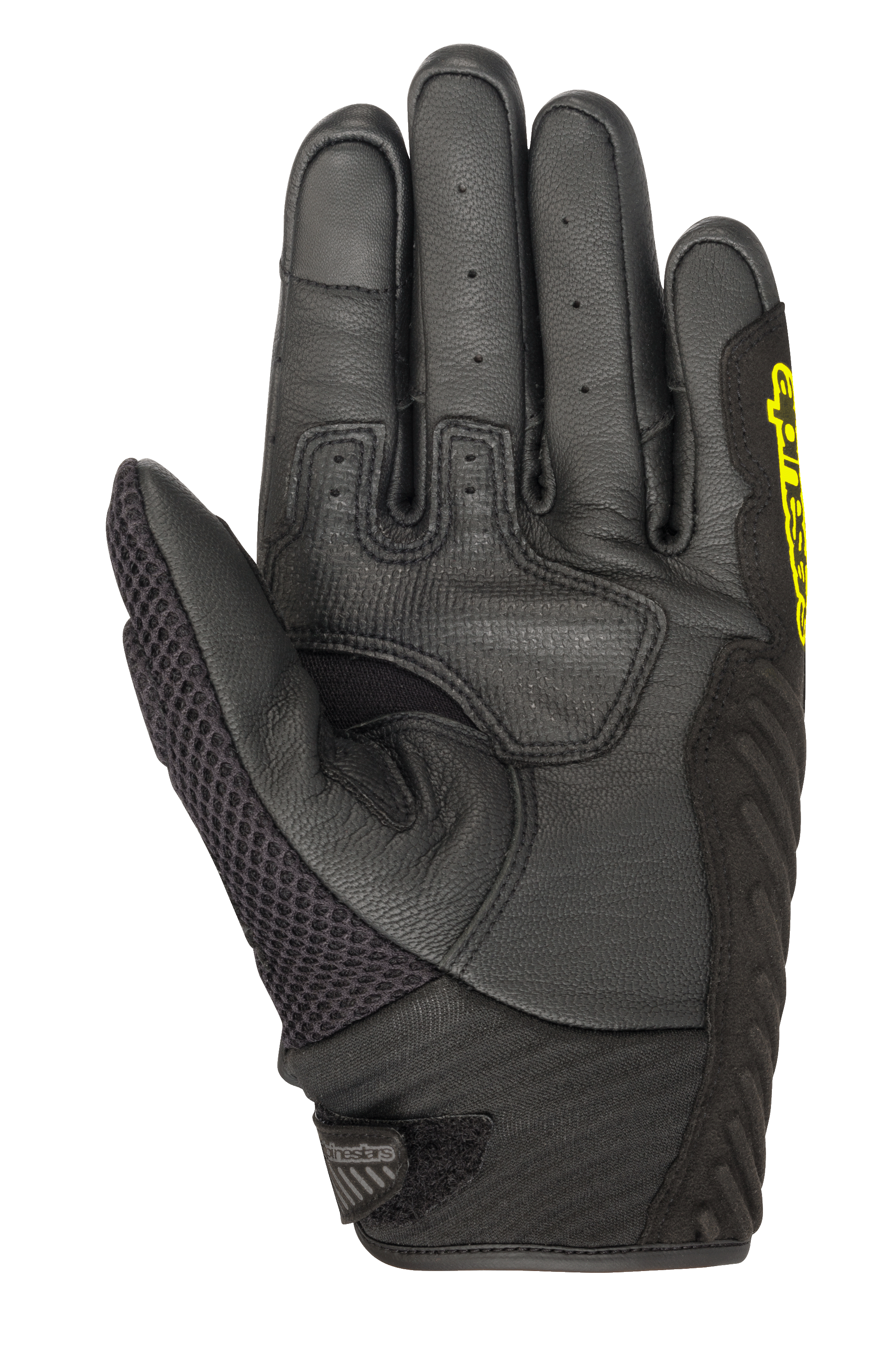 Guanti Alpinestars SMX-1 Air V2, guanti da moto a polsino corto, nero e giallo fluo, vista del palmo con dita in pelle traforata, pannello del pollice in mesh e zona di grip rinforzata, progettati per la guida su strada estiva