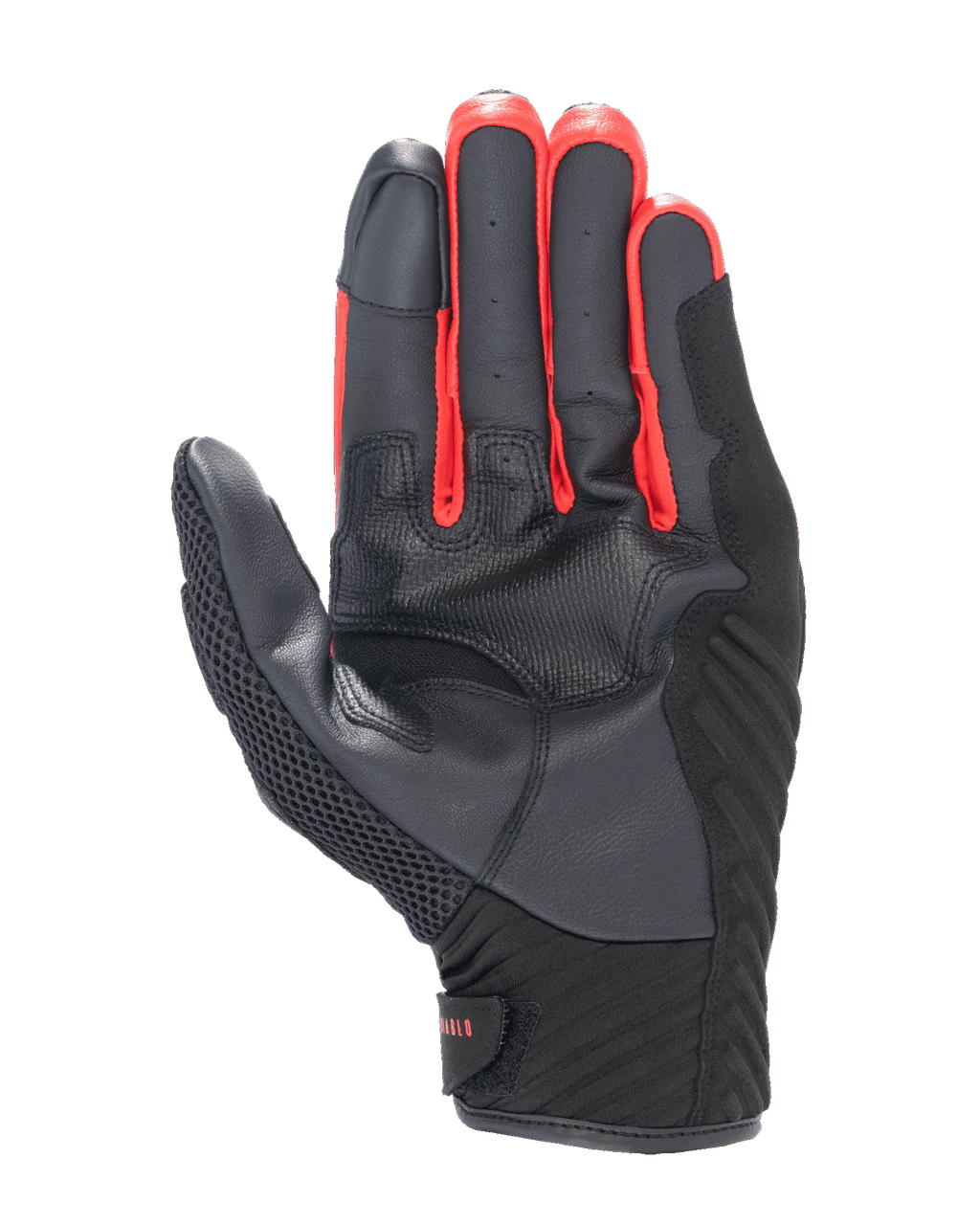 Guanti Alpinestars FQ20 SMX-1 Air V2 Monster, vista del palmo, costruzione in pelle nera e mesh con accenti rossi tra le dita, guanto da moto a polsino corto per guida su strada e urbana.