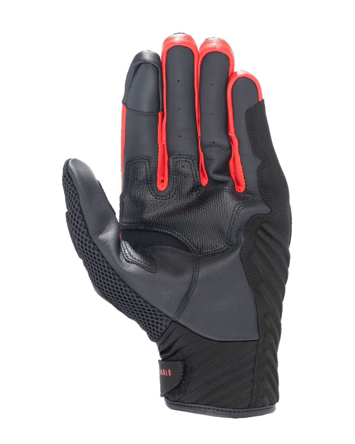 Guanti Alpinestars FQ20 SMX-1 Air V2 Monster, vista del palmo, costruzione in pelle nera e mesh con accenti rossi tra le dita, guanto da moto a polsino corto per guida su strada e urbana.