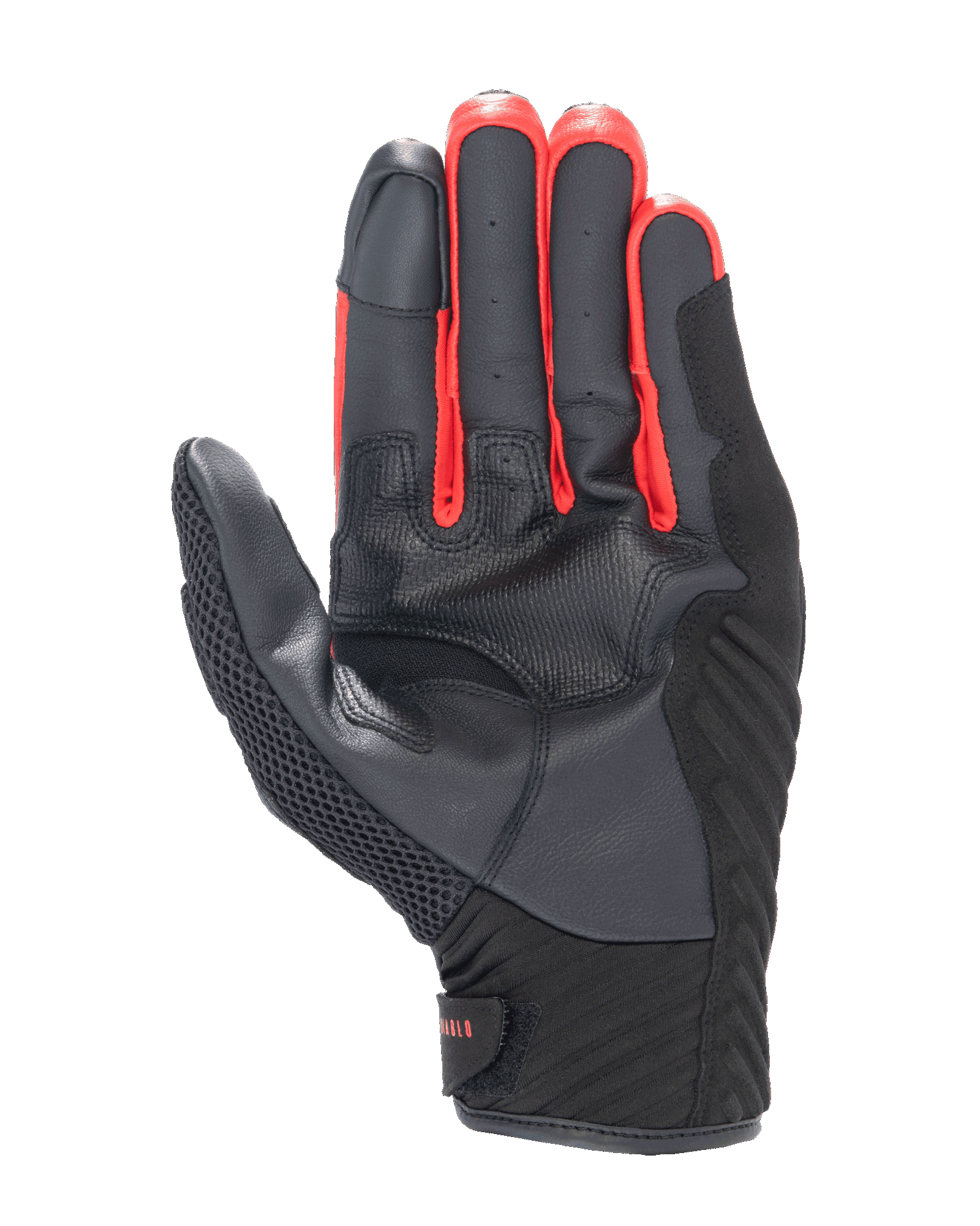 Guanti Alpinestars FQ20 SMX-1 Air V2 Monster, vista del palmo, costruzione in pelle nera e mesh con accenti rossi tra le dita, guanto da moto a polsino corto per guida su strada e urbana.