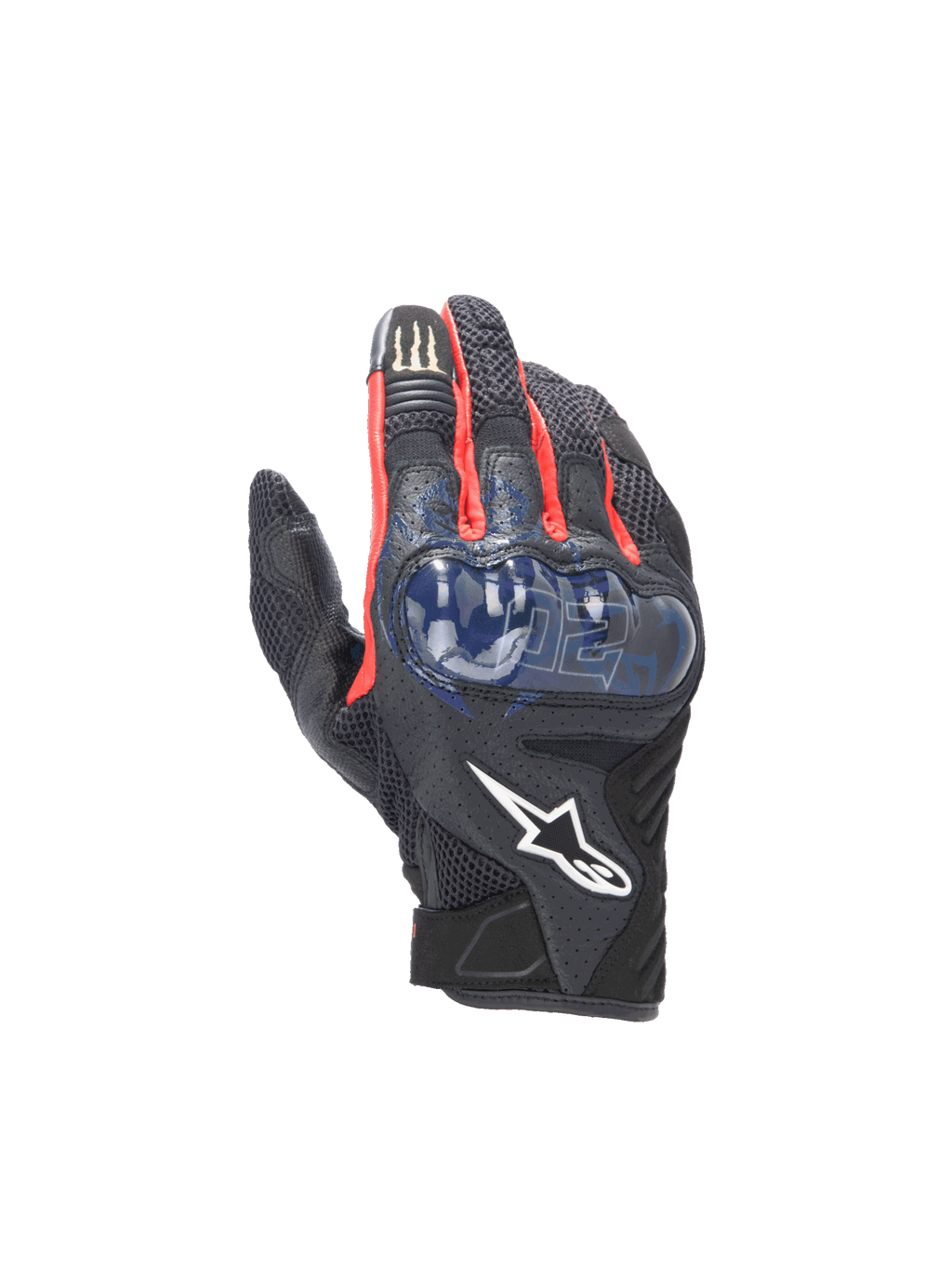 Alpinestars Guanti FQ20 SMX-1 Air V2 Monster, guanti da moto estivi da uomo, nero e blu, pelle e mesh traspirante con protezione nocche rigida, grafica El Diablo e logo Monster Energy.