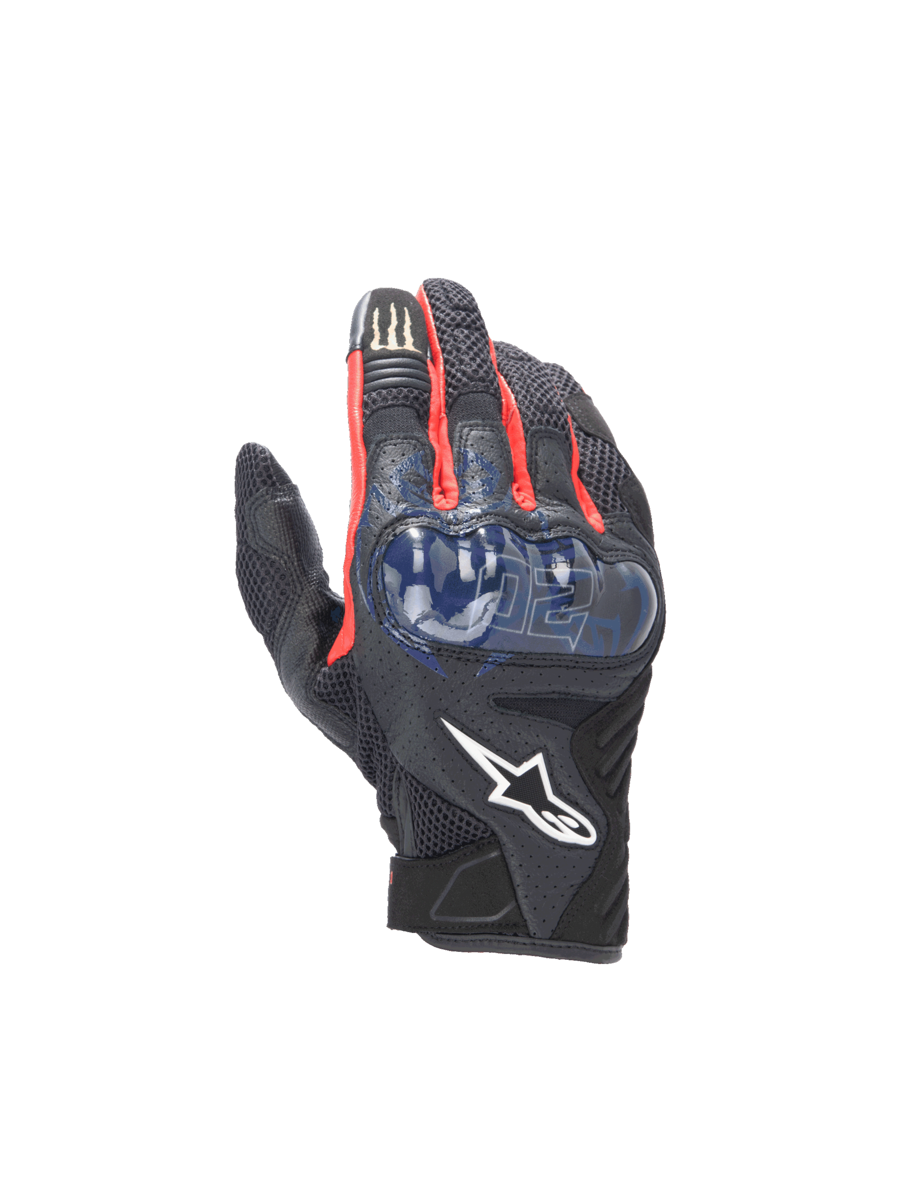 Alpinestars Guanti FQ20 SMX-1 Air V2 Monster, guanti da moto estivi da uomo, nero e blu, pelle e mesh traspirante con protezione nocche rigida, grafica El Diablo e logo Monster Energy.