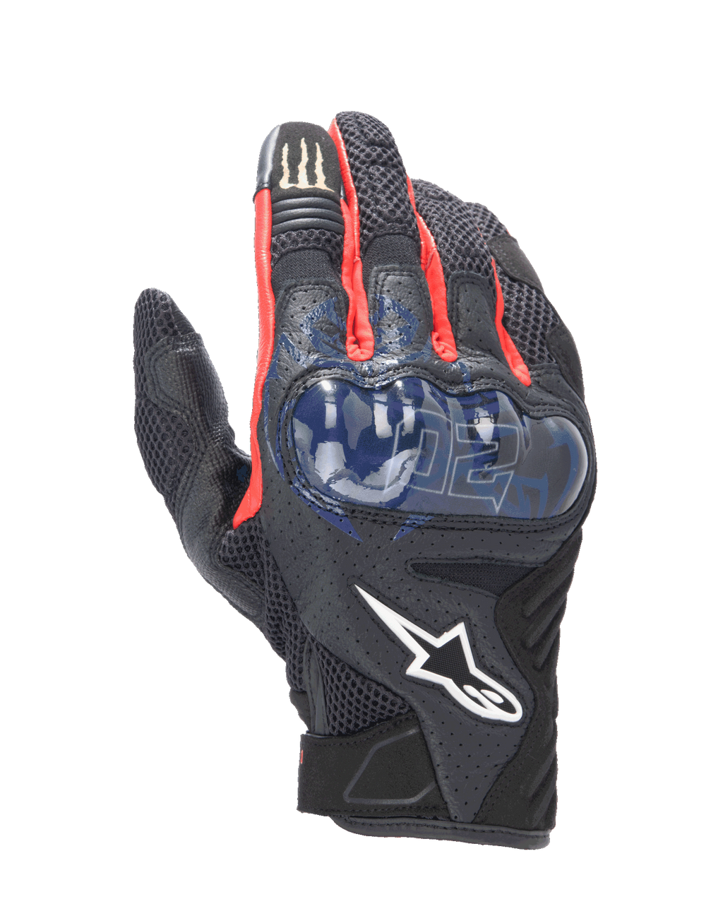 Alpinestars FQ20 SMX-1 Air V2 Monster Gloves, guanti sportivi da moto, nero con dettagli rossi e blu, con protezione rigida blu per le nocche, pannelli di ventilazione in mesh, grafiche firmate Fabio Quartararo e logo Monster Energy sul dito indice