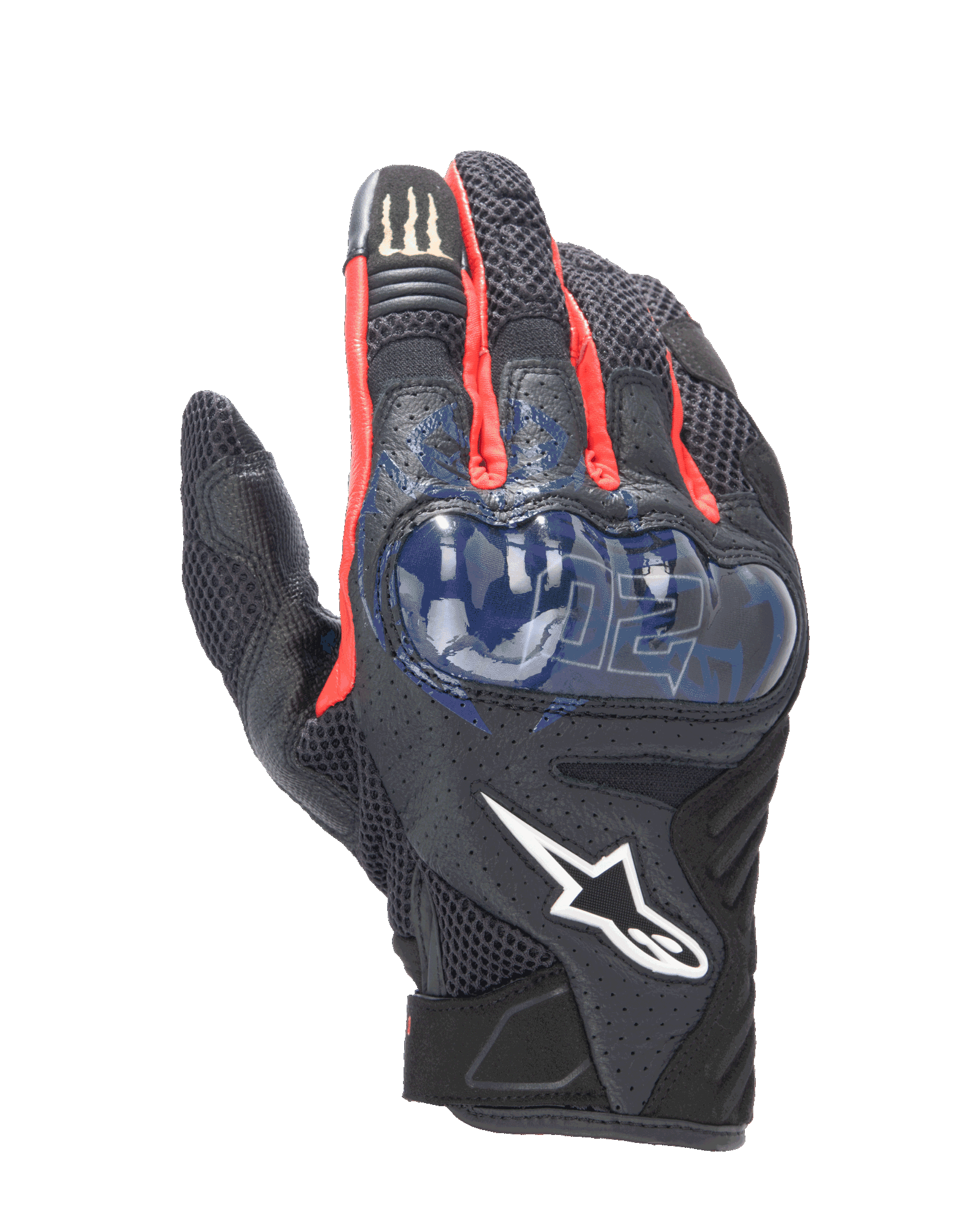 Alpinestars FQ20 SMX-1 Air V2 Monster Gloves, guanti sportivi da moto, nero con dettagli rossi e blu, con protezione rigida blu per le nocche, pannelli di ventilazione in mesh, grafiche firmate Fabio Quartararo e logo Monster Energy sul dito indice