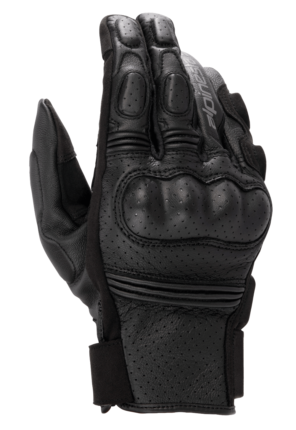 Alpinestars Phenom Leather Air Gloves, guanti da moto neri, costruzione in pelle di capra traforata, protezione rigida integrata sulle nocche, inserti elasticizzati a fisarmonica sulle dita e chiusura a polsino corto