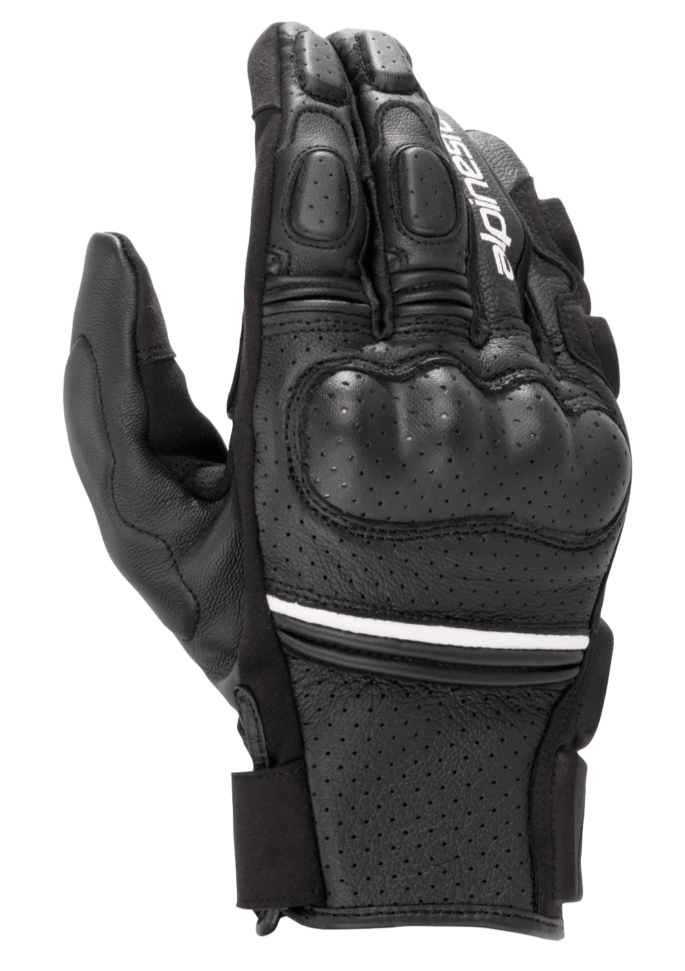Alpinestars Phenom Leather Air Gloves, guanti da moto a polsino corto, neri con una sottile striscia bianca, caratterizzati da una struttura in pelle di capra traforata, protezione rigida per le nocche e dita imbottite