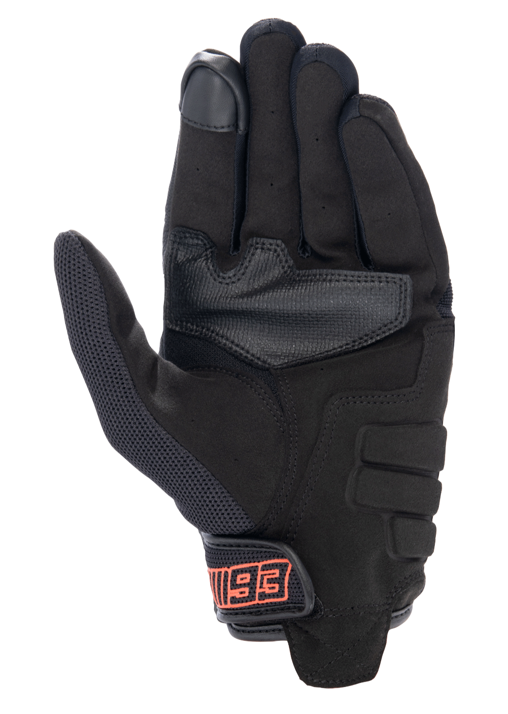Guanti Alpinestars MM93 Losail V2, guanti da moto urban, nero, vista del palmo con costruzione in camoscio sintetico, polpastrello compatibile con touchscreen e chiusura a strappo con logo MM93 rosso