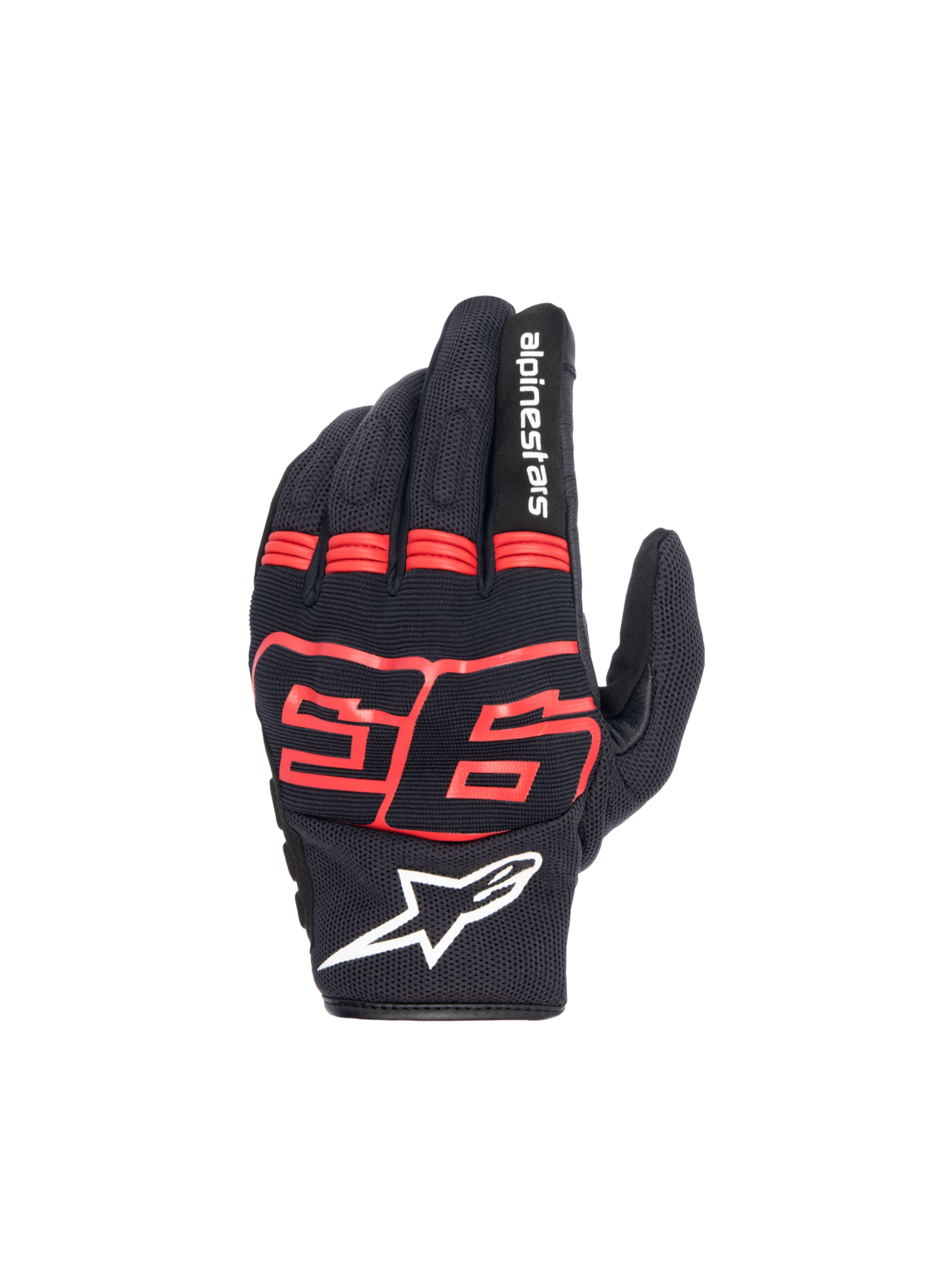 Alpinestars Guanti MM93 Losail V2, guanti da moto urban da uomo, nero e rosso fluo, in tessuto con protezione nocche rigida e logo Marc Marquez 93.