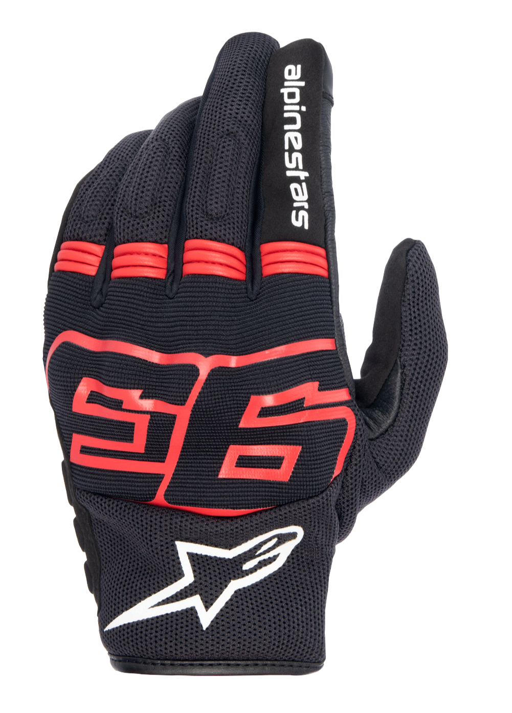 Alpinestars MM93 Losail V2 Gloves, guanti da moto racing, nero con rosso fluo, grafica Marc Marquez 93, logo Alpinestars bianco, dorso in mesh traspirante, pannelli a soffietto sulle dita per flessibilità, stile racing urbano