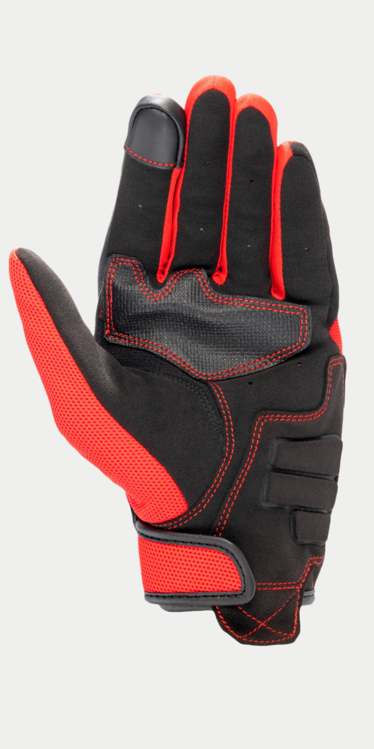 Alpinestars MM 93 Losail V2 Glove, guanti da moto, nero e rosso acceso, vista del palmo con costruzione in camoscio sintetico, cuciture rosse rinforzate, polpastrello compatibile con touchscreen e mesh rossa traspirante sul pollice e sul cinturino del polso.