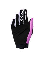 Guanti Alpinestars Stella Full Bore V2 Donna 2026, vista del palmo nella colorazione viola, bianco e nero, con palmo rinforzato in pelle scamosciata sintetica nera, logo Alpinestars bianco sull'indice e motivi grip in silicone, progettati per il motocross.