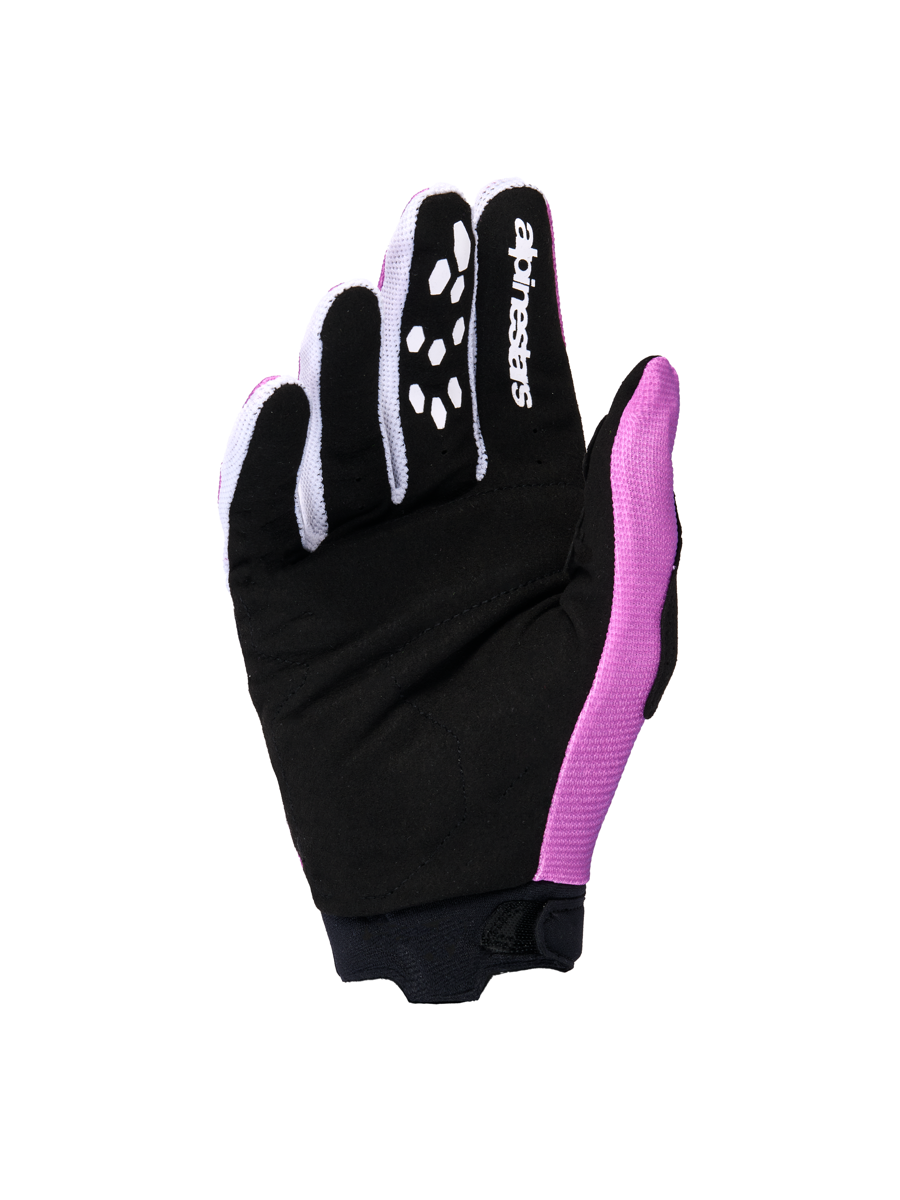 Guanti Alpinestars Stella Full Bore V2 Donna 2026, vista del palmo nella colorazione viola, bianco e nero, con palmo rinforzato in pelle scamosciata sintetica nera, logo Alpinestars bianco sull'indice e motivi grip in silicone, progettati per il motocross.