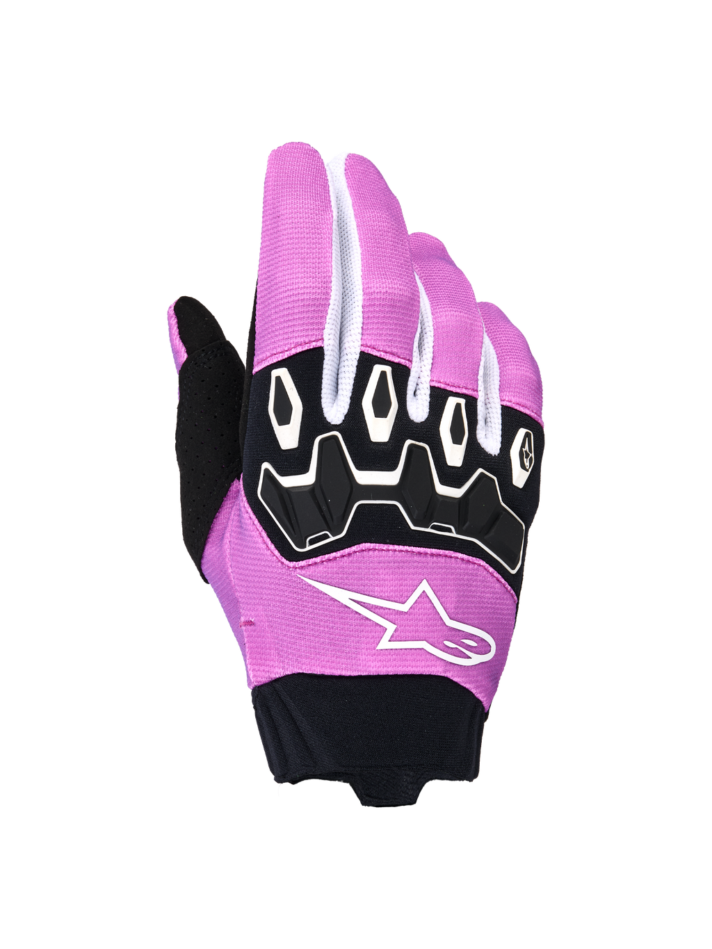 Alpinestars guanti Stella Full Bore V2 da donna, guanti da motocross, viola, bianco e nero, con protezione ergonomica delle nocche in TPR, logo Alpinestars a stella bianco su tessuto elasticizzato viola, polsino in neoprene nero, equipaggiamento per gare motociclistiche off-road