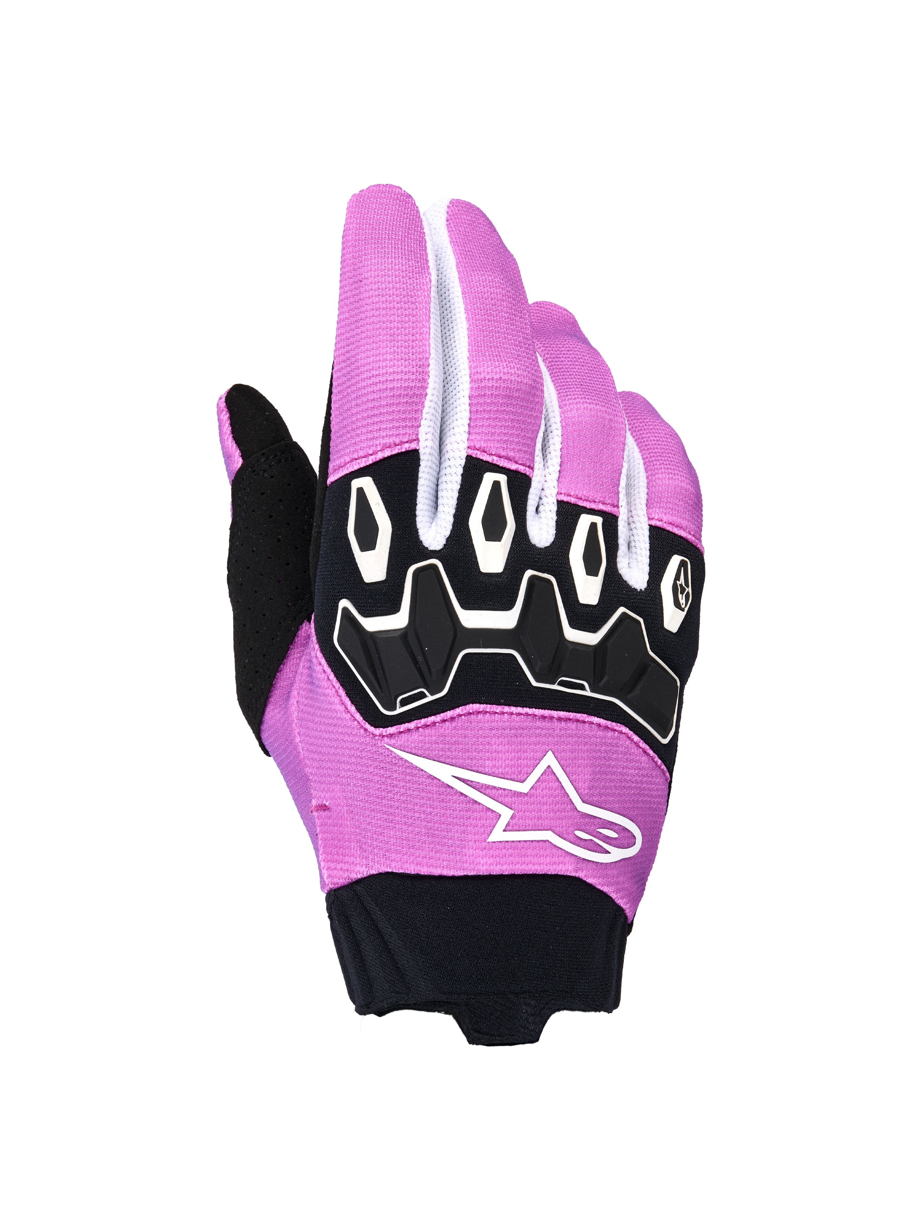Alpinestars guanti Stella Full Bore V2 da donna, guanti da motocross, viola, bianco e nero, con protezione ergonomica delle nocche in TPR, logo Alpinestars a stella bianco su tessuto elasticizzato viola, polsino in neoprene nero, equipaggiamento per gare motociclistiche off-road