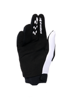Guanti da donna Alpinestars Stella Full Bore V2 2026, guanti da motocross, vista del palmo in bianco e nero, caratterizzati da costruzione in scamosciato sintetico, inserti in silicone sulle dita per il controllo delle leve, logo bianco e polsino in neoprene.