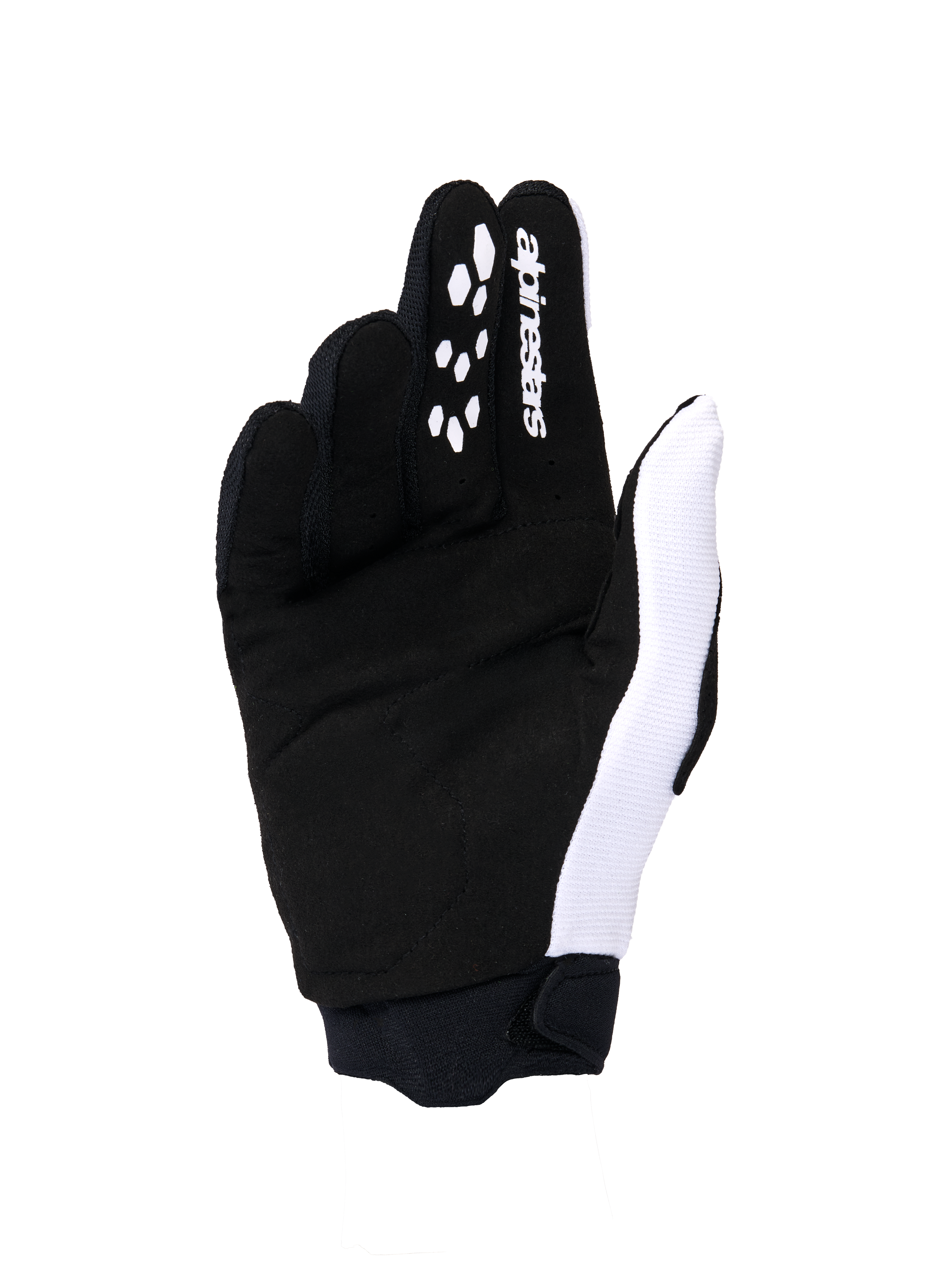 Guanti da donna Alpinestars Stella Full Bore V2 2026, guanti da motocross, vista del palmo in bianco e nero, caratterizzati da costruzione in scamosciato sintetico, inserti in silicone sulle dita per il controllo delle leve, logo bianco e polsino in neoprene.
