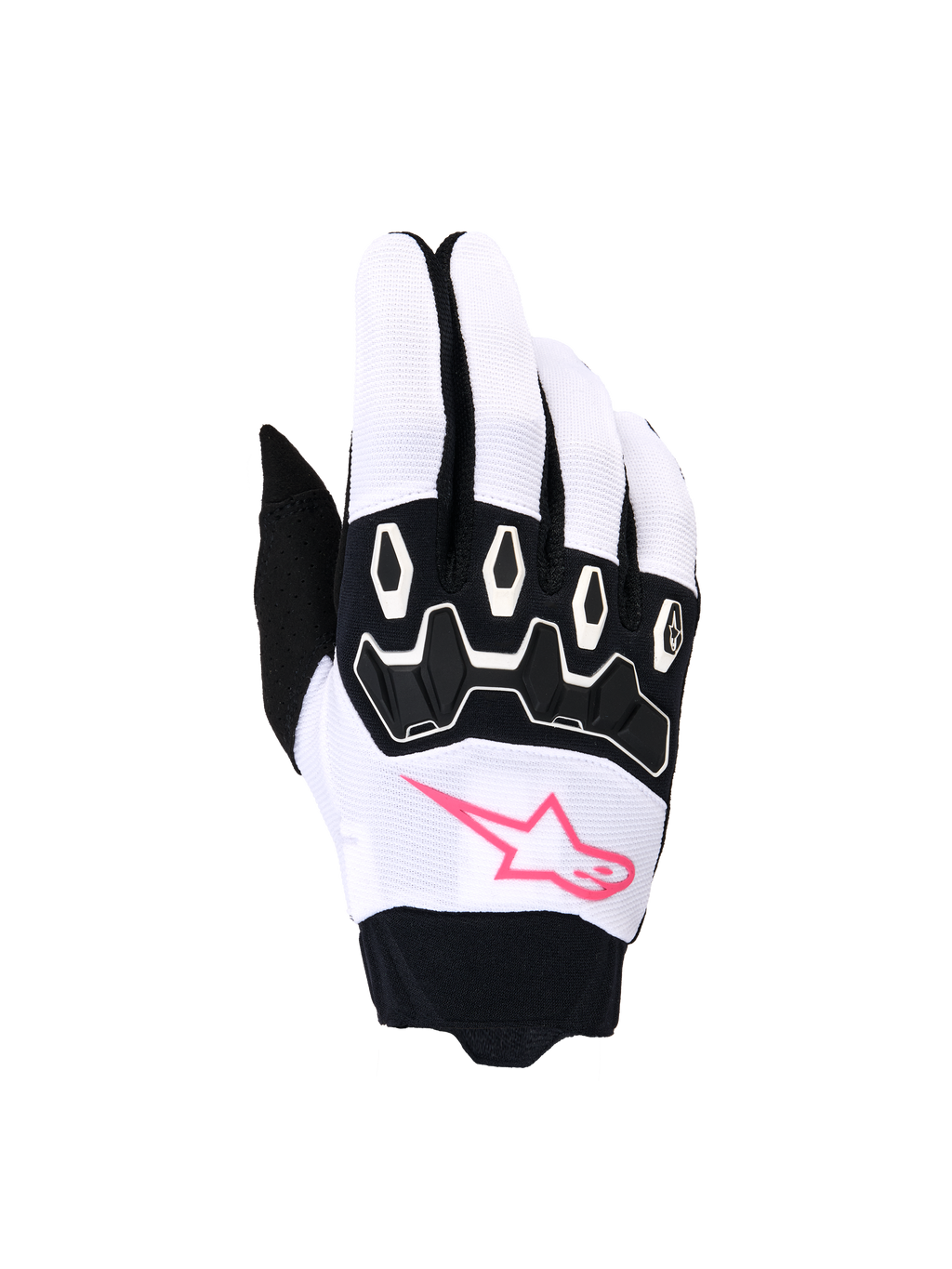 Alpinestars guanti Stella Full Bore V2, guanti da motocross da donna, bianco e nero con rosa fluo, logo a stella rosa, protezione nocche in TPR nero e tessuto elasticizzato traspirante per il fuoristrada