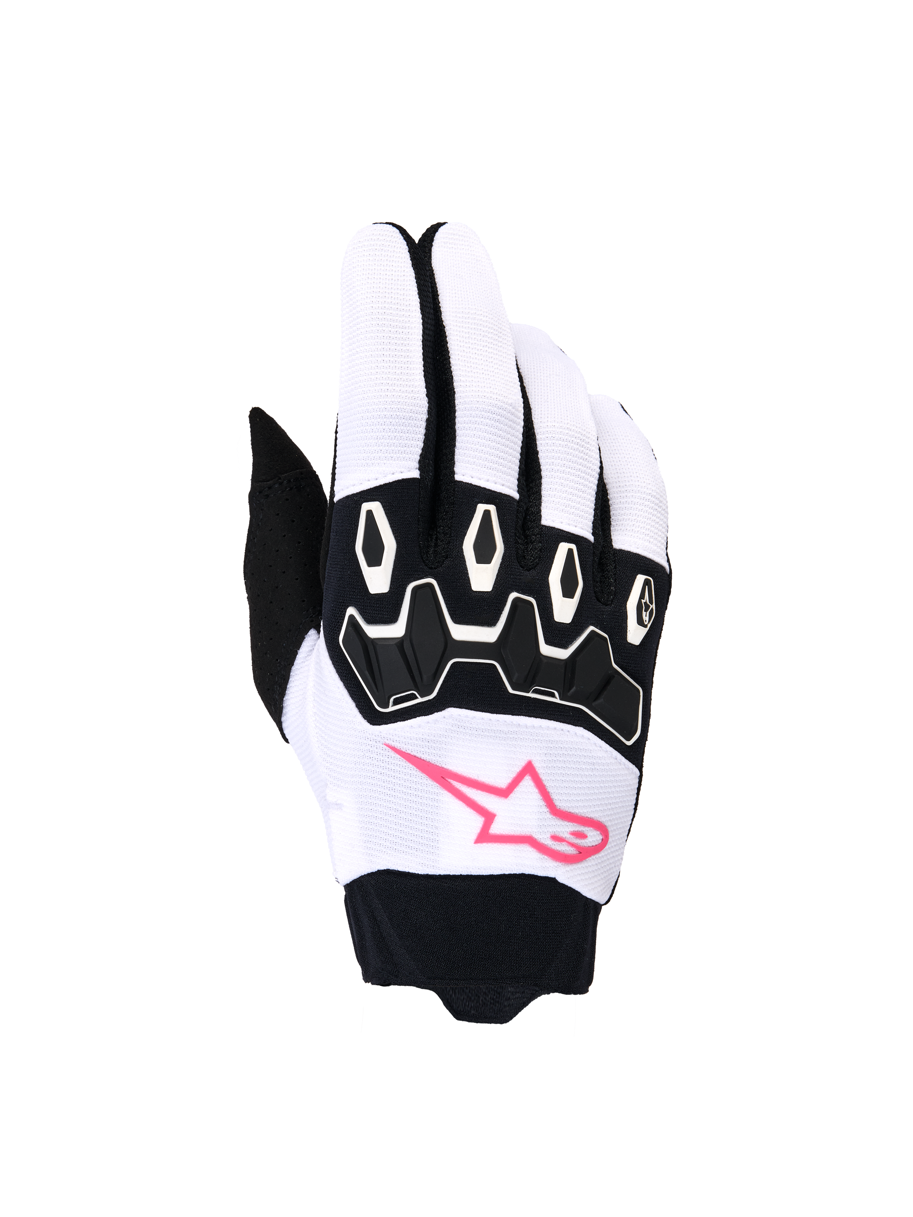 Alpinestars guanti Stella Full Bore V2, guanti da motocross da donna, bianco e nero con rosa fluo, logo a stella rosa, protezione nocche in TPR nero e tessuto elasticizzato traspirante per il fuoristrada