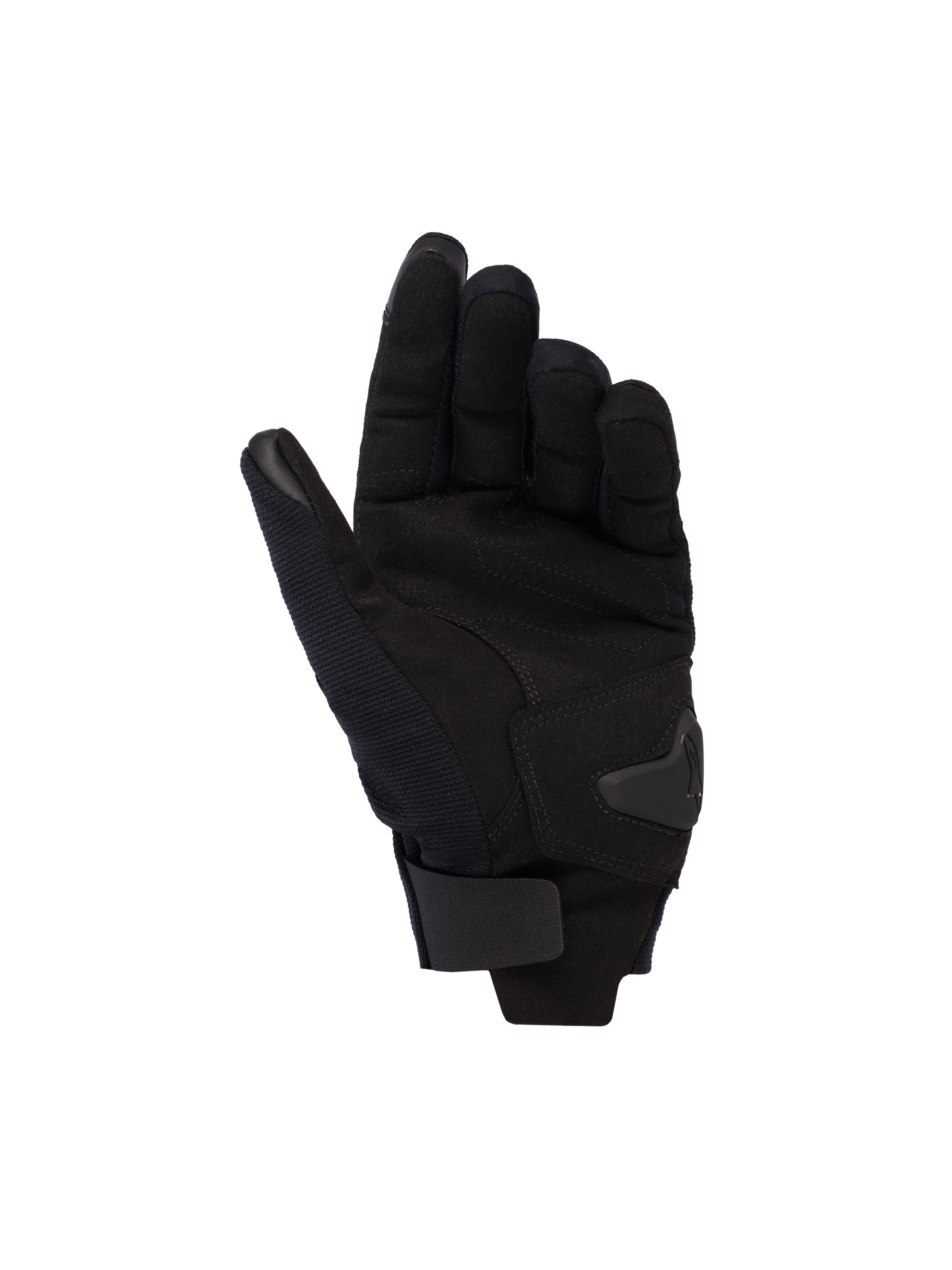 Guanti Alpinestars Reef Donna V2, nero, vista del palmo con materiale in pelle scamosciata sintetica, rinforzo imbottito e chiusura a strappo sul polso, guanti da moto urban a polsino corto