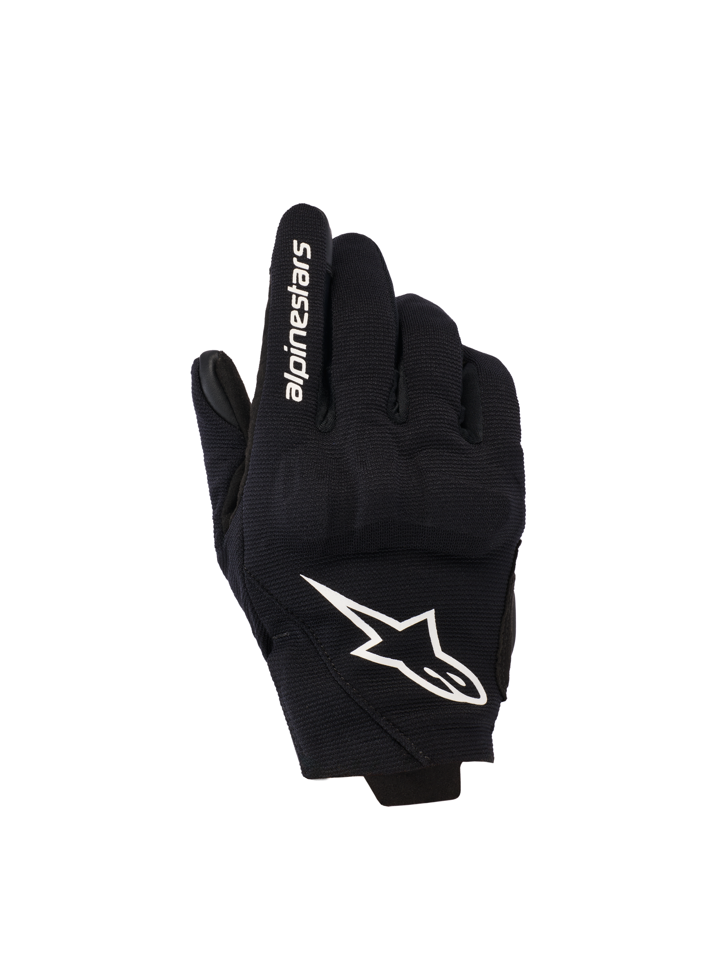 Guanti Alpinestars Reef Donna V2, nero e bianco, guanti da moto a polsino corto, dorso in tessuto con protezione delle nocche in TPU 3D, logo a stella bianco e scritta sull'indice