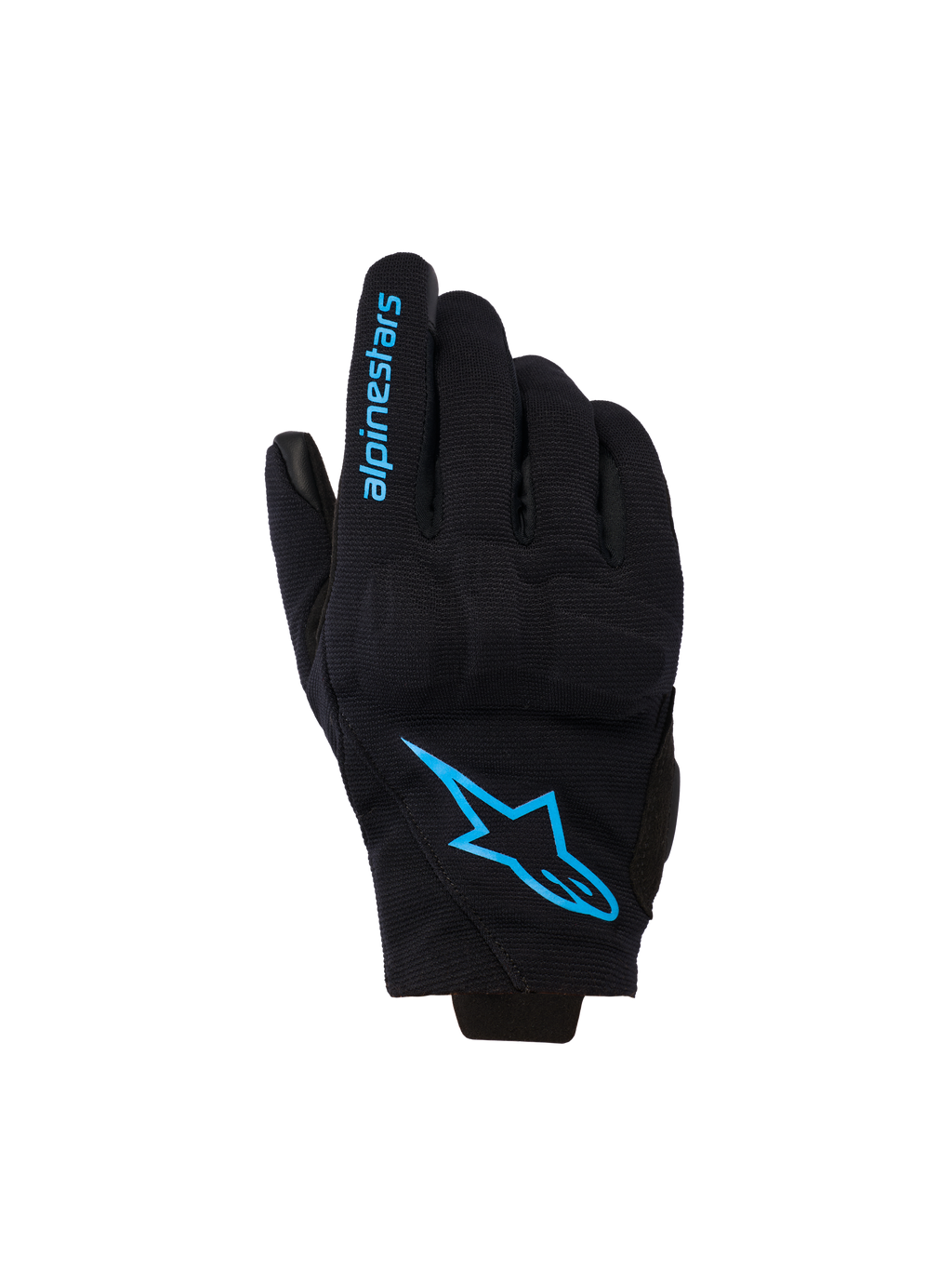 Guanti Alpinestars Reef Women's V2, guanti da moto a polsino corto, neri con dettagli blu Hawaiian Ocean, logo Alpinestars sul dorso e scritta sulle dita, stile urban riding