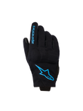 Guanti Alpinestars Reef Women's V2, guanti da moto a polsino corto, neri con dettagli blu Hawaiian Ocean, logo Alpinestars sul dorso e scritta sulle dita, stile urban riding