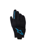 Guanti Alpinestars Reef Women's V2, guanti da moto a polsino corto, neri con dettagli blu Hawaiian Ocean, logo Alpinestars sul dorso e scritta sulle dita, stile urban riding
