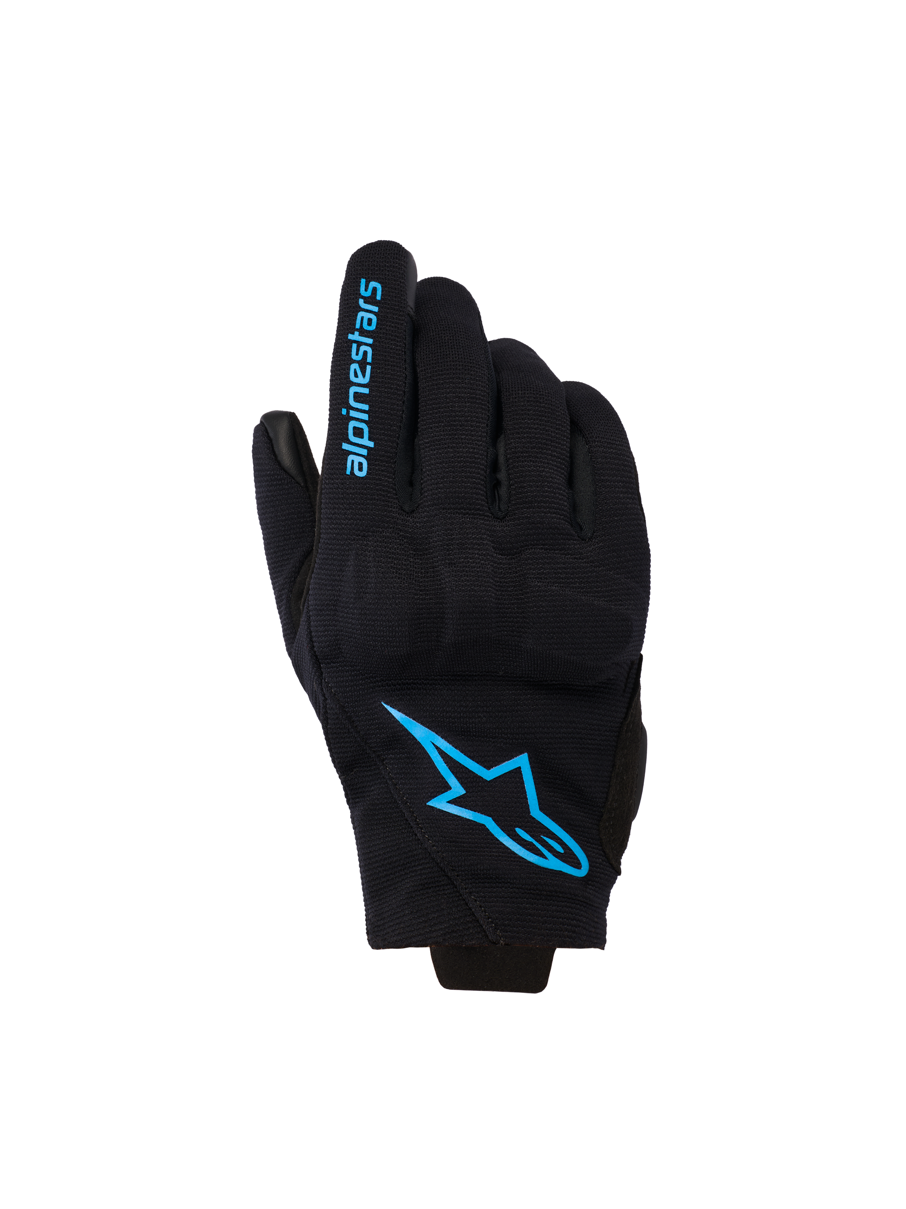 Guanti Alpinestars Reef Women's V2, guanti da moto a polsino corto, neri con dettagli blu Hawaiian Ocean, logo Alpinestars sul dorso e scritta sulle dita, stile urban riding