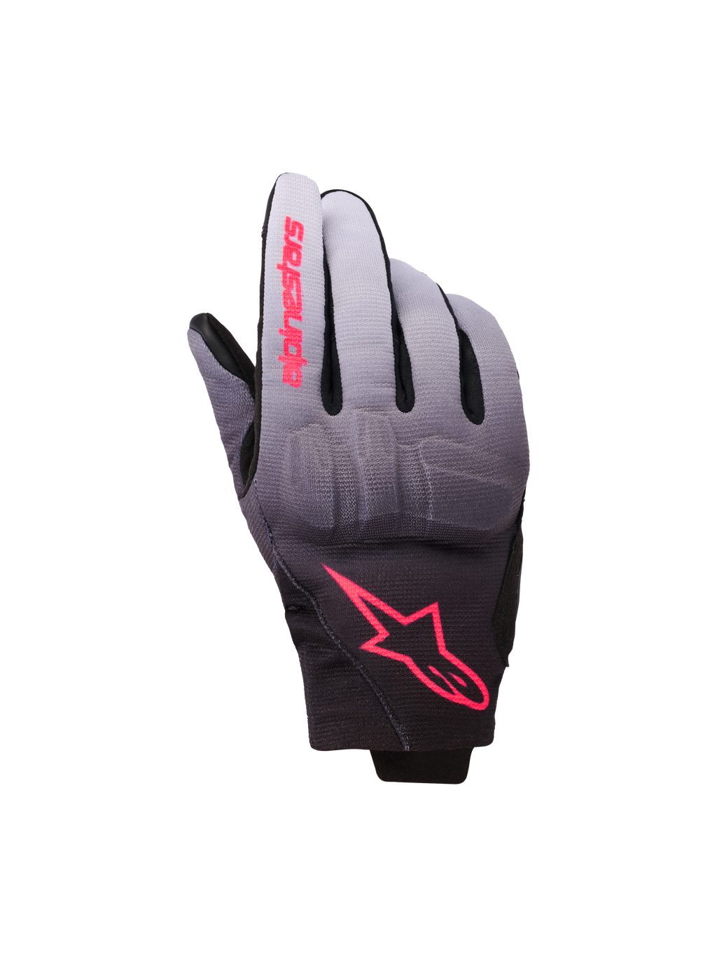 Alpinestars Reef Women's V2 Gloves, guanti da moto, grigio nero e rosa fluo, tessuto con sfumatura dal grigio al nero e dettagli del logo in rosa, protezione nocche integrata e design a polsino corto, abbigliamento urban contemporaneo da donna