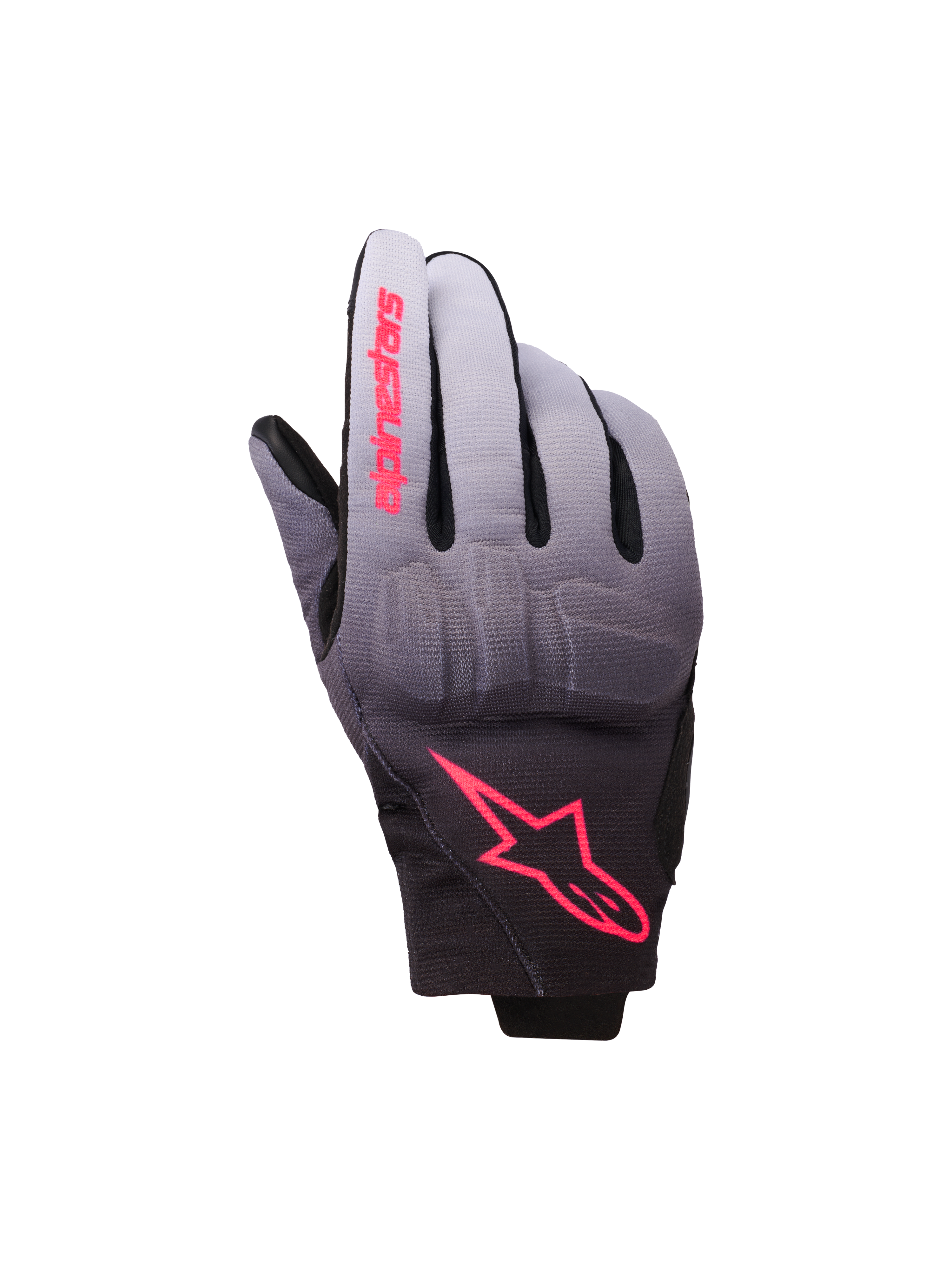 Alpinestars Reef Women's V2 Gloves, guanti da moto, grigio nero e rosa fluo, tessuto con sfumatura dal grigio al nero e dettagli del logo in rosa, protezione nocche integrata e design a polsino corto, abbigliamento urban contemporaneo da donna