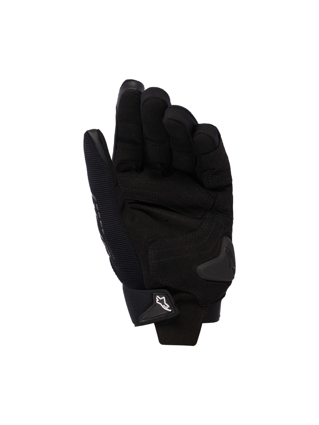 Alpinestars Stella SP X 3, guanti da moto da donna, nero, vista del palmo con rinforzi in pelle sintetica, slider del palmo in TPU e chiusura del polso regolabile con logo bianco