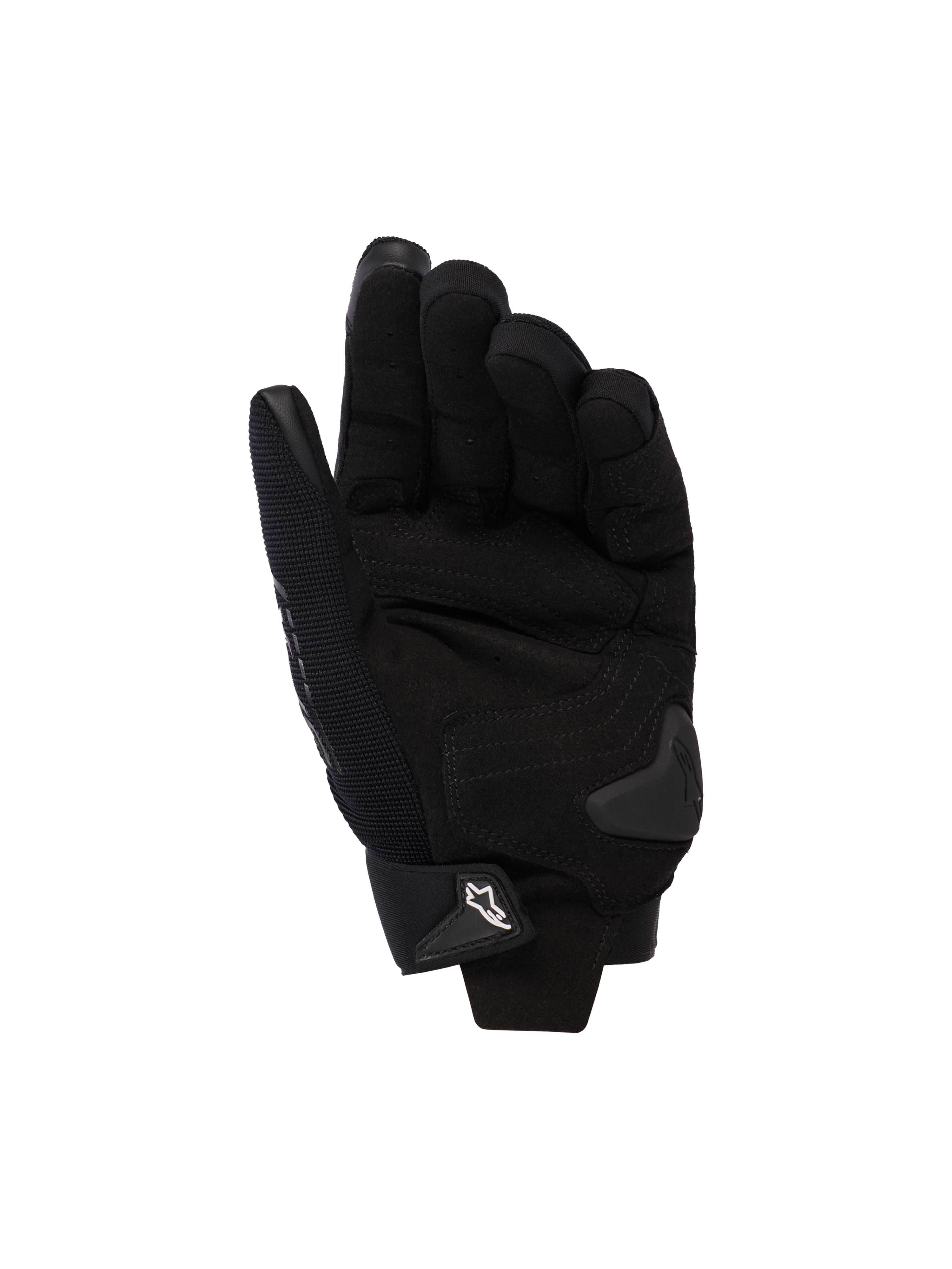 Alpinestars Stella SP X 3, guanti da moto da donna, nero, vista del palmo con rinforzi in pelle sintetica, slider del palmo in TPU e chiusura del polso regolabile con logo bianco