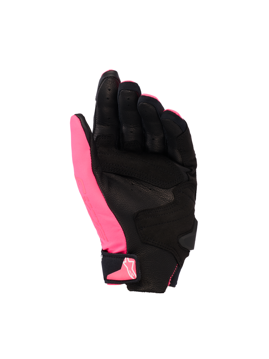 Guanti Alpinestars Stella SP X 3, guanti da moto da donna, Diva Pink nero e bianco, vista del palmo con pelle traforata e rinforzi sintetici, palmo nero con pollice rosa, chiusura del polso in velcro con logo rosa, design sportivo ergonomico