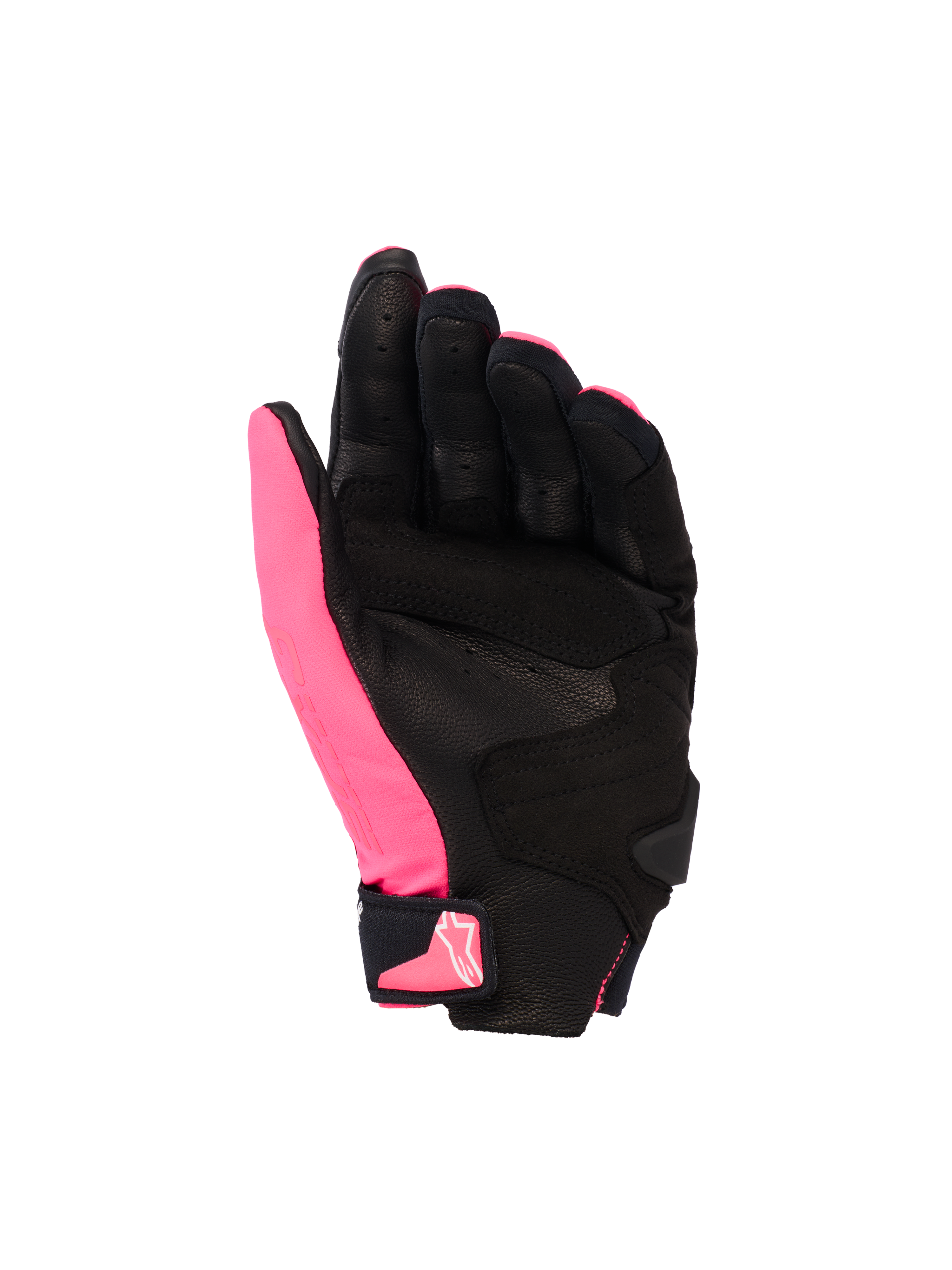 Guanti Alpinestars Stella SP X 3, guanti da moto da donna, Diva Pink nero e bianco, vista del palmo con pelle traforata e rinforzi sintetici, palmo nero con pollice rosa, chiusura del polso in velcro con logo rosa, design sportivo ergonomico