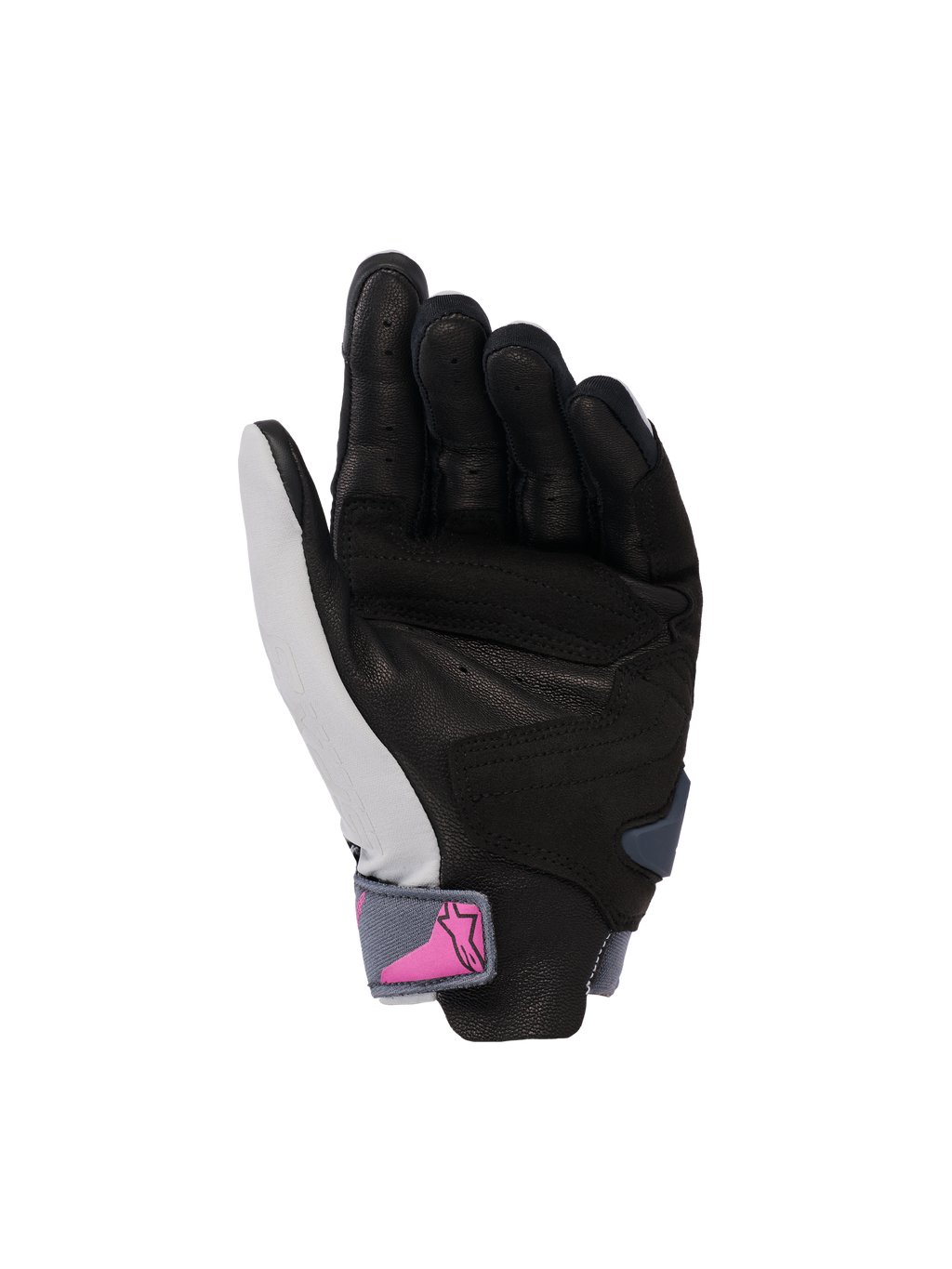 Guanti Alpinestars Stella SP X 3, guanti da moto da donna, vista del palmo, grigio medio asfalto nero con logo rosa sul cinturino del polso, palmo in pelle traforata per grip e ventilazione, design sportivo per la guida su strada