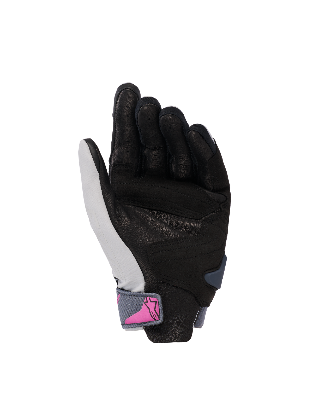 Guanti Alpinestars Stella SP X 3, guanti da moto da donna, vista del palmo, grigio medio asfalto nero con logo rosa sul cinturino del polso, palmo in pelle traforata per grip e ventilazione, design sportivo per la guida su strada