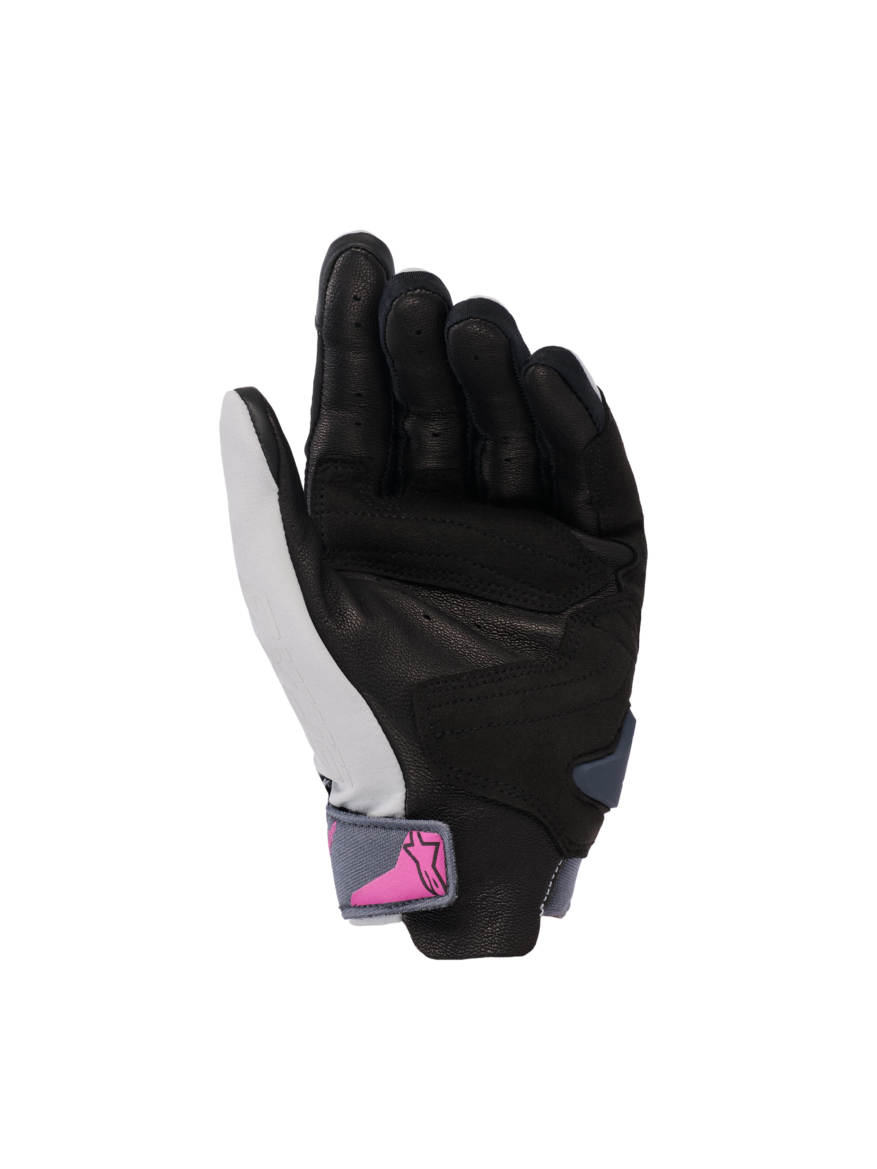 Guanti Alpinestars Stella SP X 3, guanti da moto da donna, vista del palmo, grigio medio asfalto nero con logo rosa sul cinturino del polso, palmo in pelle traforata per grip e ventilazione, design sportivo per la guida su strada