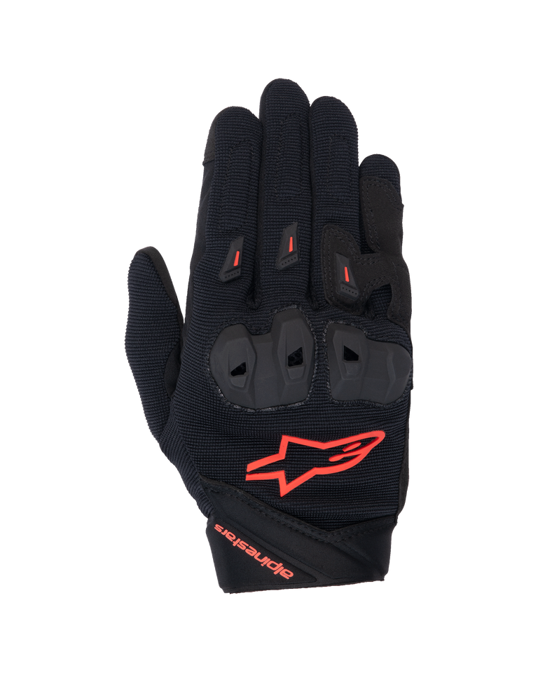 Alpinestars Guanti Stella SP X 1 da donna, guanti da moto, nero e rosso fluo, con protezione delle nocche in TPR ventilata, dorso in tessuto elasticizzato traspirante e prominente logo Alpinestars rosso fluo sul polsino e sul dorso della mano.