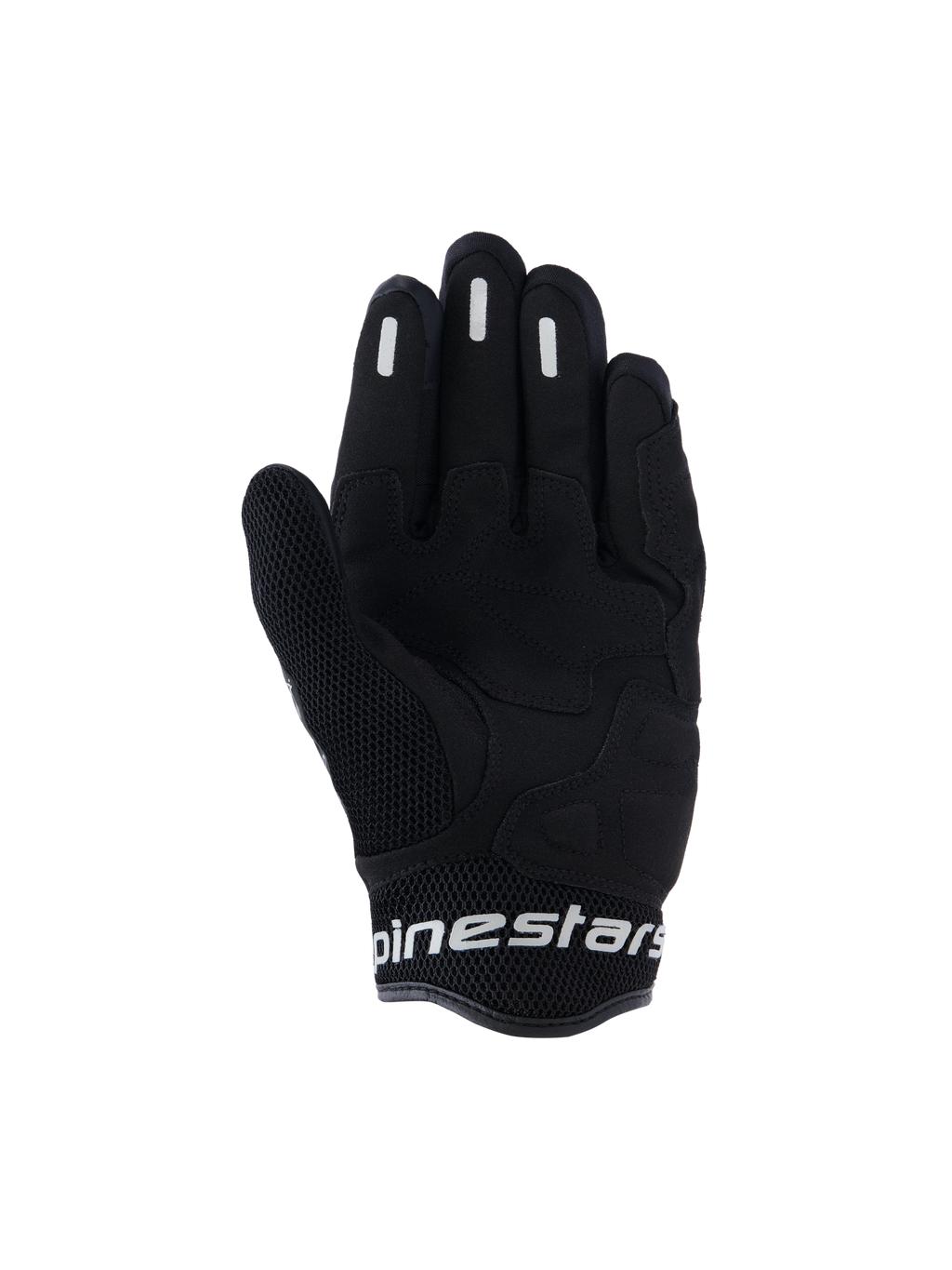 Guanti Alpinestars Stella Mogress Airflow, guanti da moto urban da donna, nero, vista del palmo con rinforzo sintetico, mesh 3D traspirante su pollice e polsino, branding Alpinestars bianco sul polsino corto