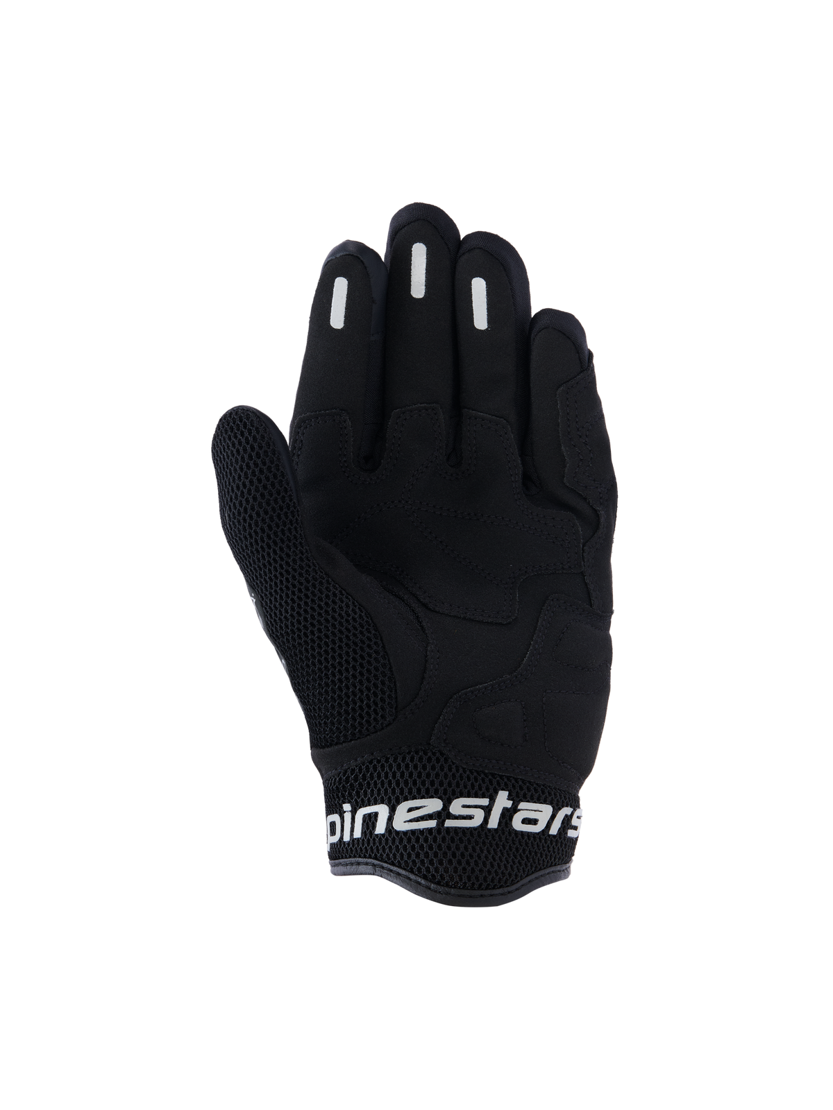 Guanti Alpinestars Stella Mogress Airflow, guanti da moto urban da donna, nero, vista del palmo con rinforzo sintetico, mesh 3D traspirante su pollice e polsino, branding Alpinestars bianco sul polsino corto