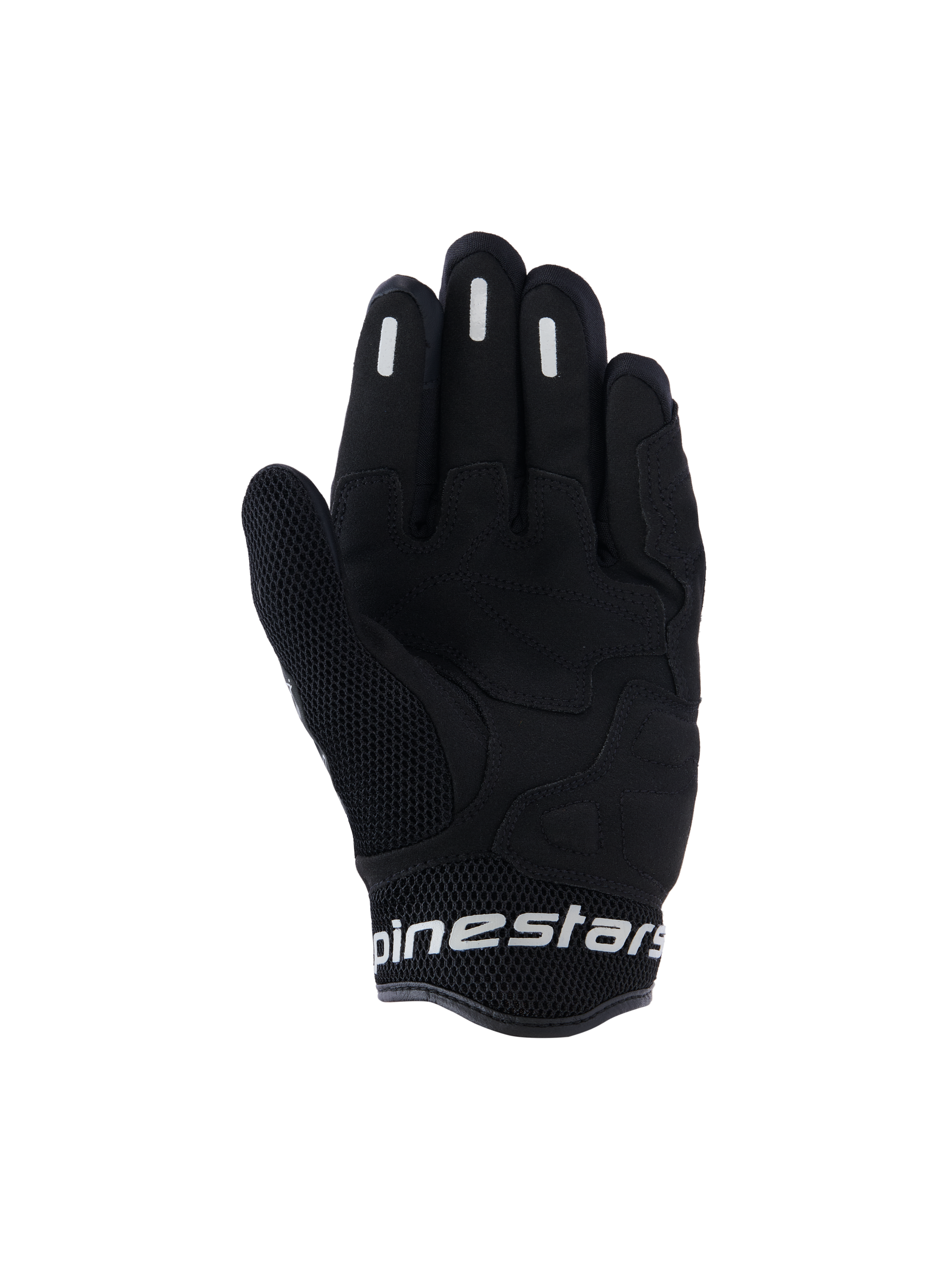 Guanti Alpinestars Stella Mogress Airflow, guanti da moto urban da donna, nero, vista del palmo con rinforzo sintetico, mesh 3D traspirante su pollice e polsino, branding Alpinestars bianco sul polsino corto