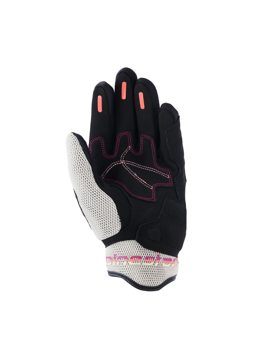 Guanti Alpinestars Stella Mogress Airflow da donna, guanti da moto, nero, ecru e corallo sfumato, vista del palmo con mesh 3D bianca su pollice e polsino, strisce grip in silicone corallo sulle dita e dettagli con cuciture rosa