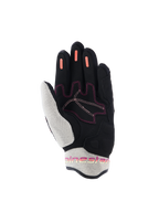 Guanti Alpinestars Stella Mogress Airflow da donna, guanti da moto, nero, ecru e corallo sfumato, vista del palmo con mesh 3D bianca su pollice e polsino, strisce grip in silicone corallo sulle dita e dettagli con cuciture rosa