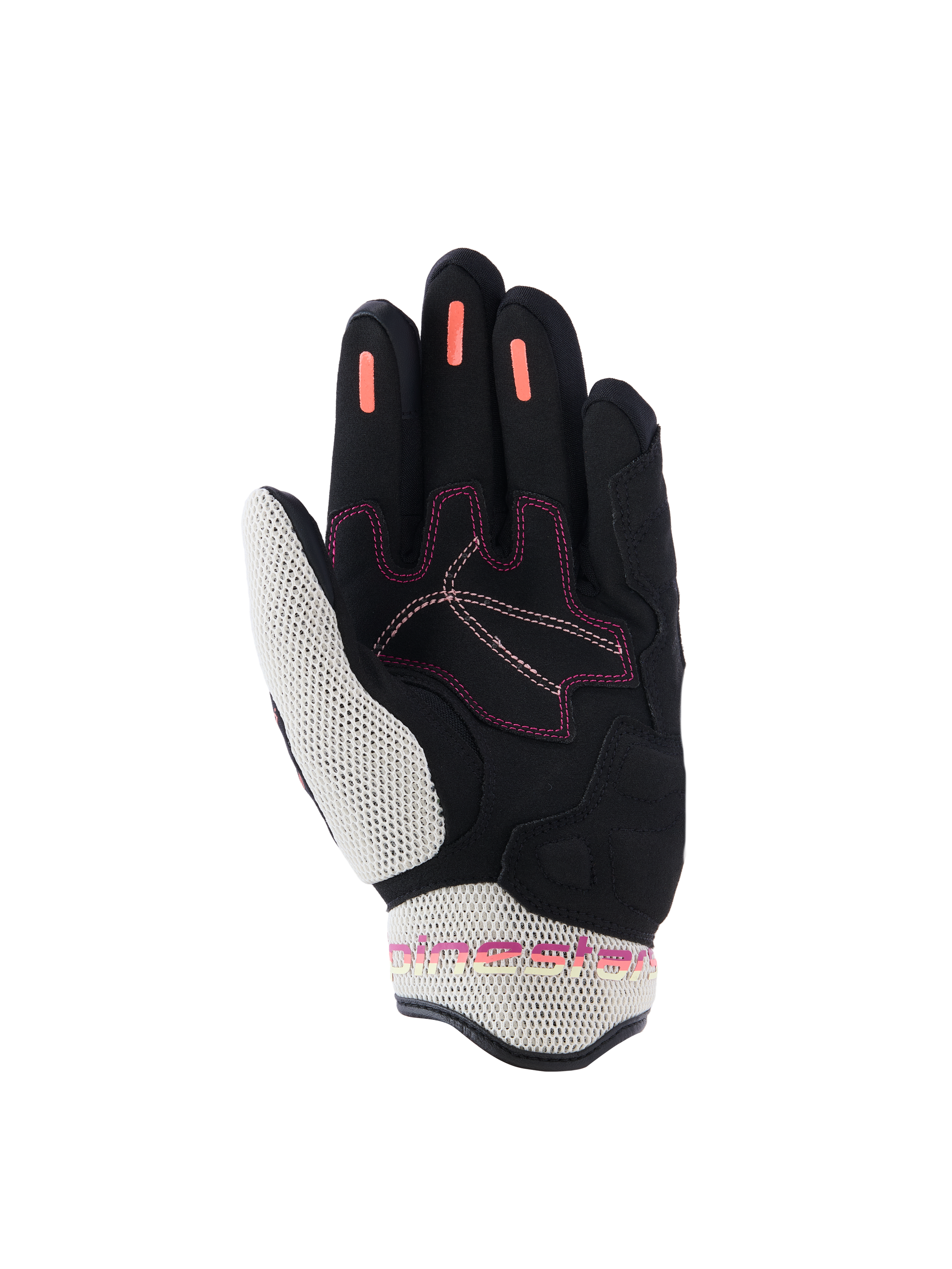Guanti Alpinestars Stella Mogress Airflow da donna, guanti da moto, nero, ecru e corallo sfumato, vista del palmo con mesh 3D bianca su pollice e polsino, strisce grip in silicone corallo sulle dita e dettagli con cuciture rosa