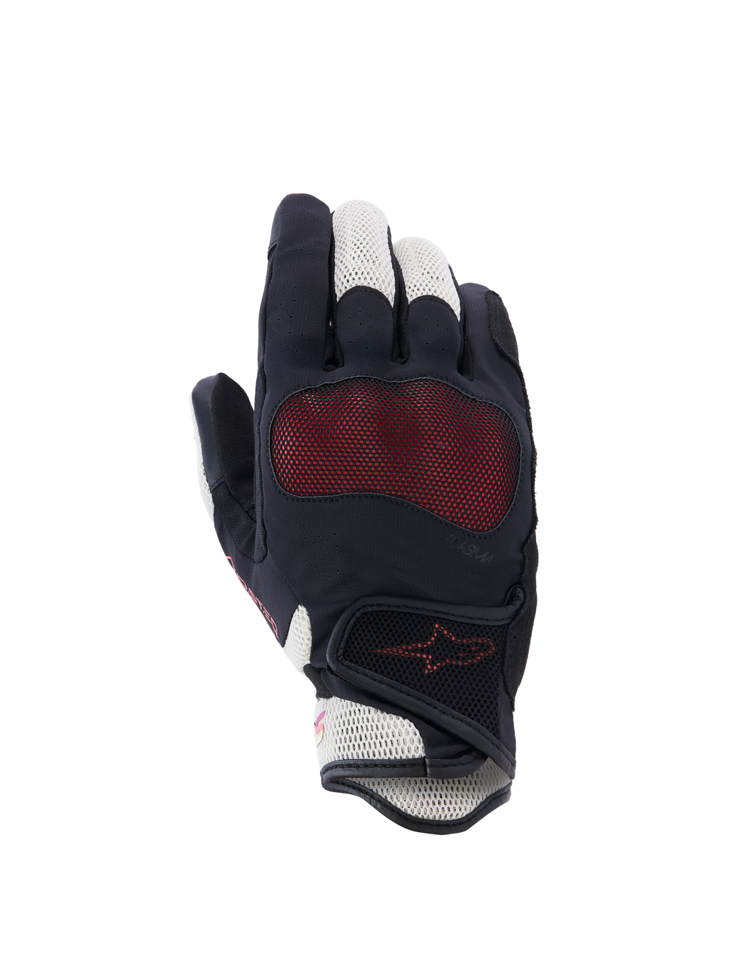 Guanti Alpinestars Stella Mogress Airflow, guanti da moto da donna, nero, ecru e corallo sfumato, vista del dorso con inserti in mesh 3D, protezione nocche Nucleon Plasma e chiusura a strappo sul polso