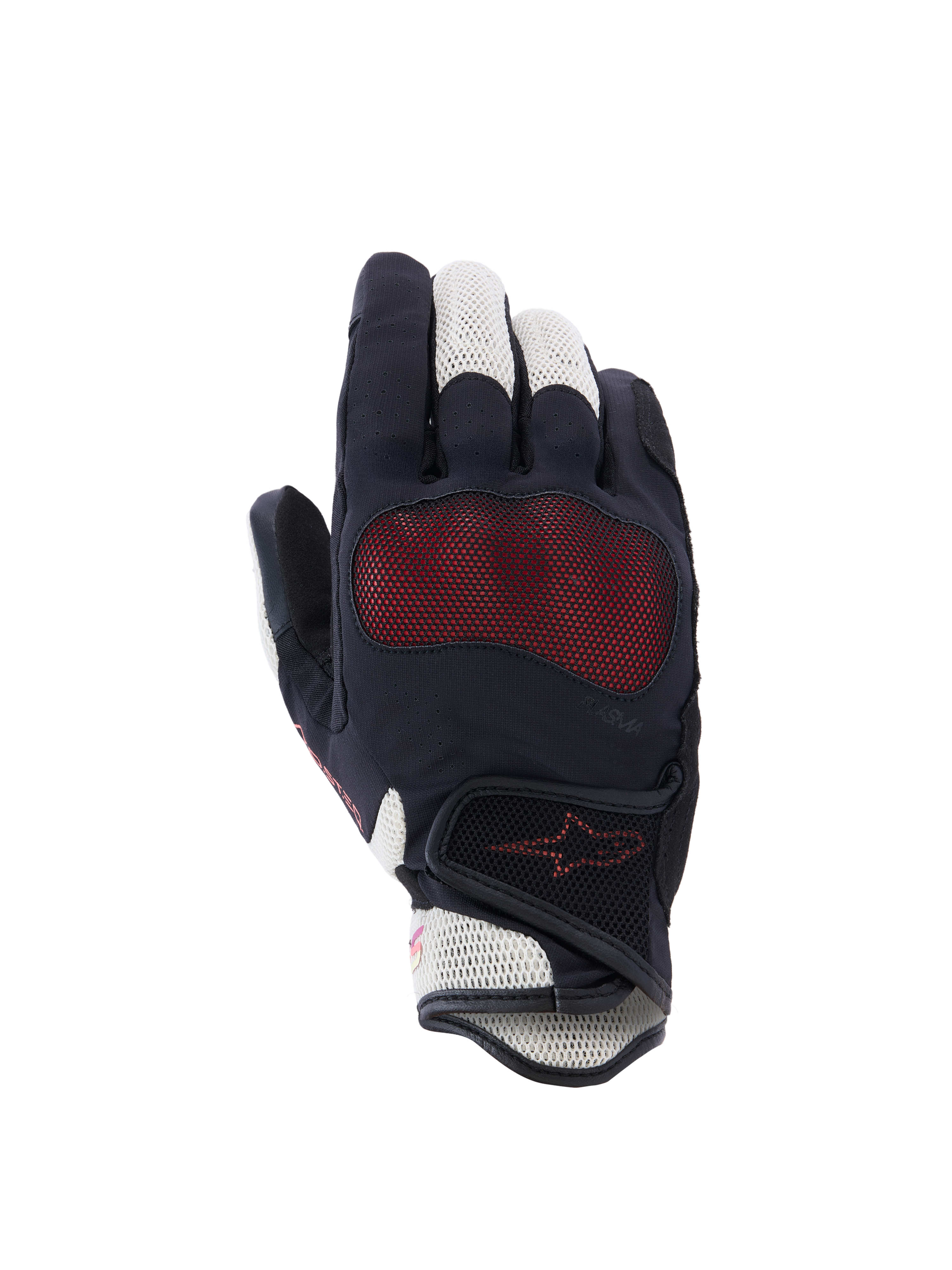 Guanti Alpinestars Stella Mogress Airflow, guanti da moto da donna, nero, ecru e corallo sfumato, vista del dorso con inserti in mesh 3D, protezione nocche Nucleon Plasma e chiusura a strappo sul polso