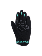 Guanti Alpinestars Stella Mogress Airflow, guanti da moto urban da donna, neri con accenti Tropical Teal, vista del palmo con rinforzi sintetici e cuciture bianche, zona del pollice in mesh e inserti grip in silicone sulle dita.