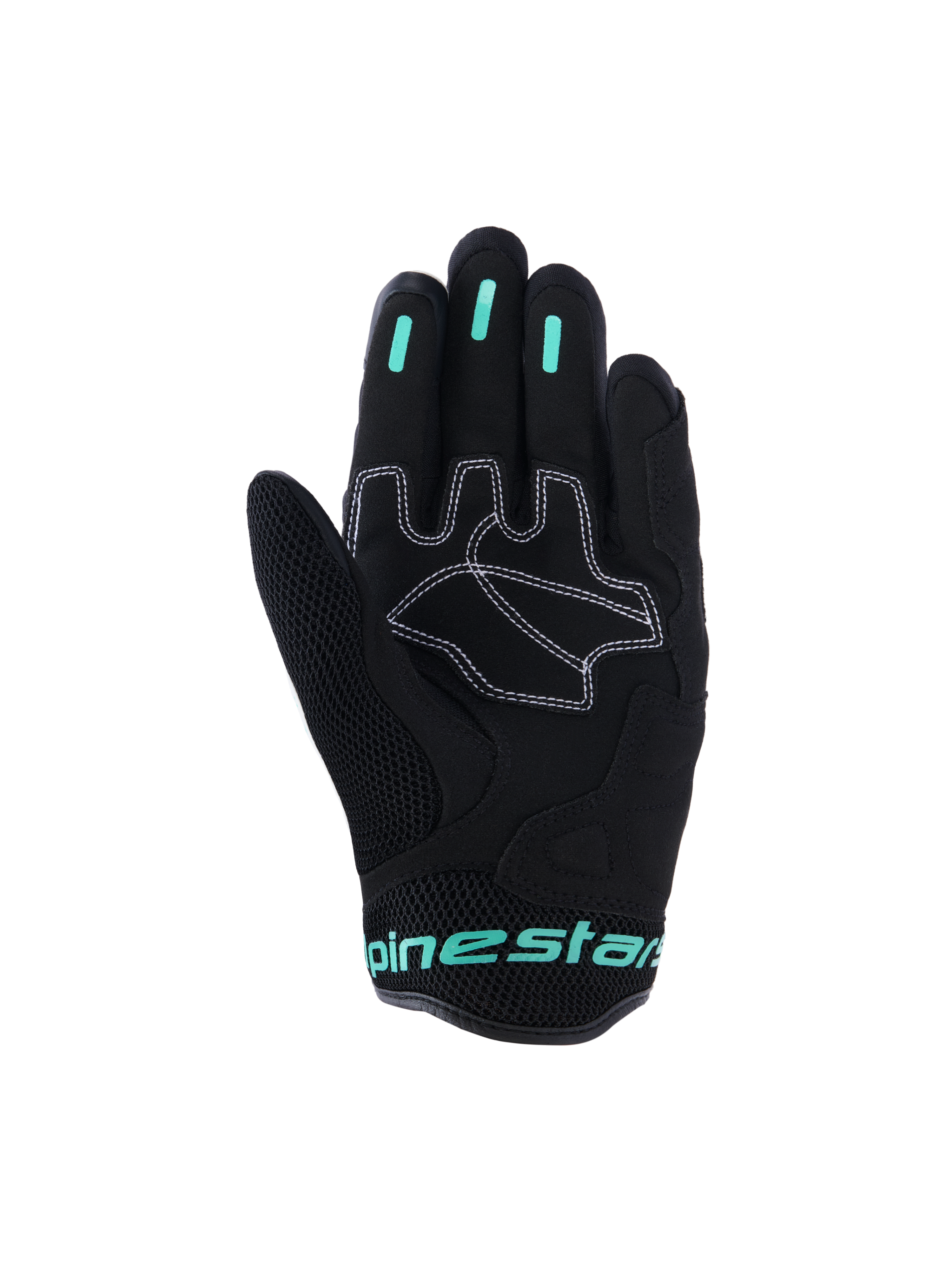Guanti Alpinestars Stella Mogress Airflow, guanti da moto urban da donna, neri con accenti Tropical Teal, vista del palmo con rinforzi sintetici e cuciture bianche, zona del pollice in mesh e inserti grip in silicone sulle dita.